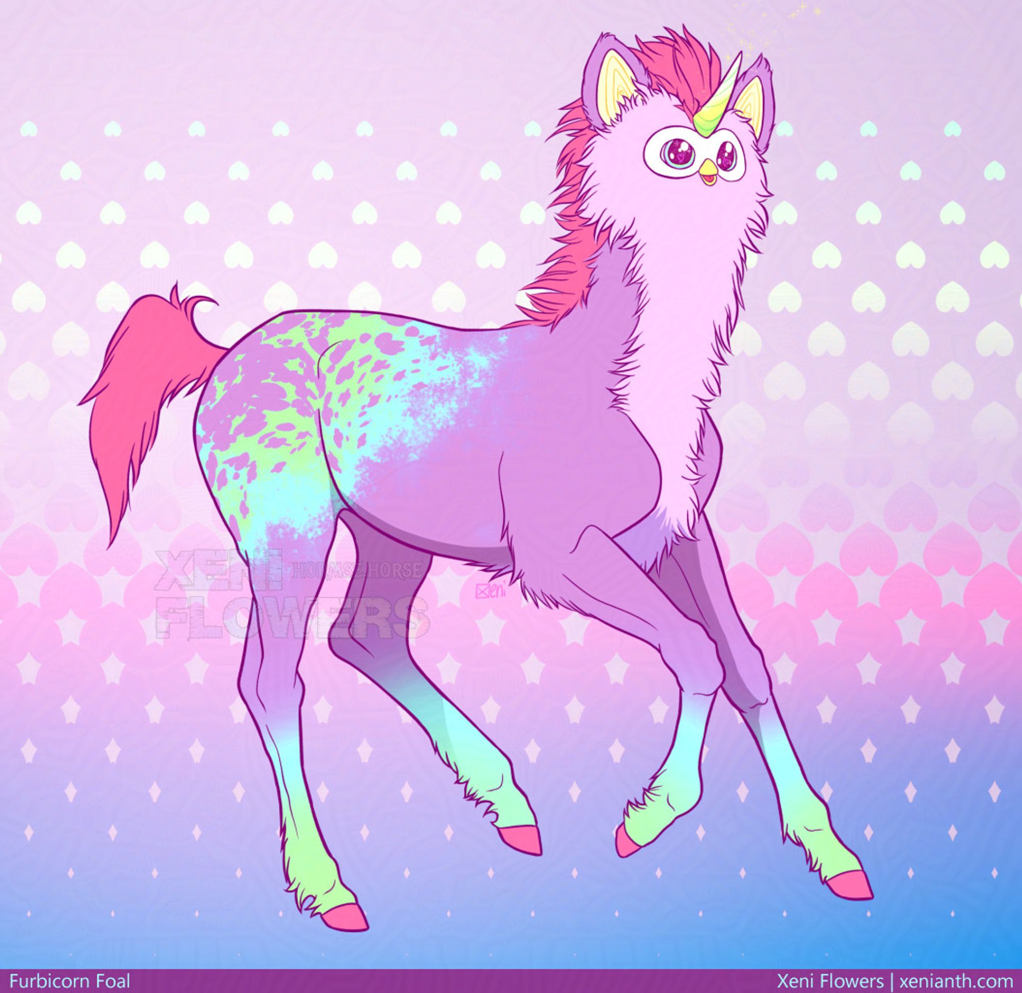 digital color illustration, bright, saturated colors. title at bottom: Furbicorn Foal. a horse foal body with a furry neck and Furby 2023 style head, and a unicorn horn. it is trotting, has an Appaloosa style blanket markings on its flank/rump, colored in light bright purple, green and blue.