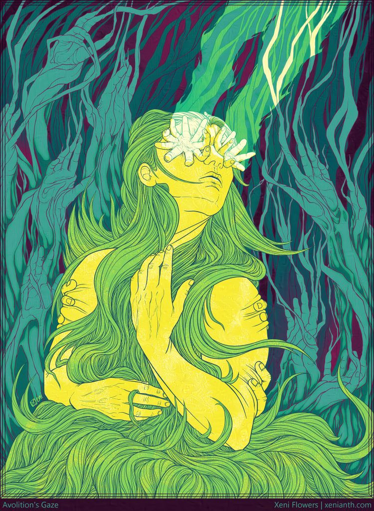 Digital color illustration in saturated greens and yellows, title at bottom: Avolition's Gaze. A human figure sits looking up toward the sky, their neck turned up and to the right side. They have long masses of hair cascading down in front of their body to flow down off the bottom of the canvas. Their hands rest delicately in the flowing nest of hair, their right in their lap and their left on their chest. In place of their eyes are blooms of fingers unfurling from their fused centers. Beams of light pour from/to their finger-eyes. Twisting, gnarled roots and vines fill the space behind the figure, with the shapes of hands formed in the roots reaching upward. The piece is not shaded, using intricate line work and flat colors over a paper texture base.