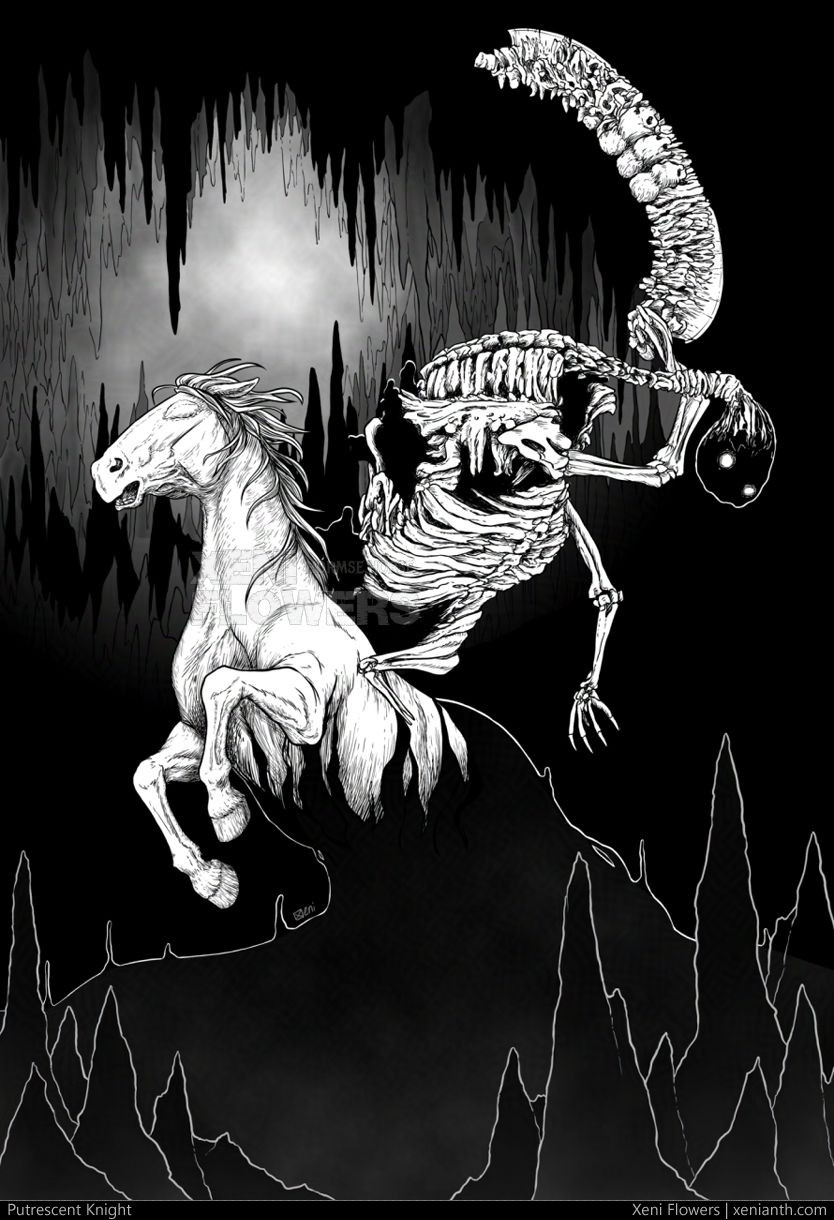 digital greyscale illustration of the Putrescent Knight boss from Elden Ring DLC. Thin line art and somewhat loose crosshatching. A horse with skin grown over its eyes rears up from a black sludge, its back half fully covered in the fluid. A skeleton rides it, having stunted legs with no feet, many more rib bones than a human and larger ribcage, more extra bones in its body, a long neck with a dark bulbous head of some type of fluid, two smaller glowing spots for eyes, and black sludge filling its inside. It is raising its weapon up above and behind them. The weapon is completely made from bones and skulls except for the blade at the tip, and is large and curved like a Bat'leth. The background is a dark cavern.