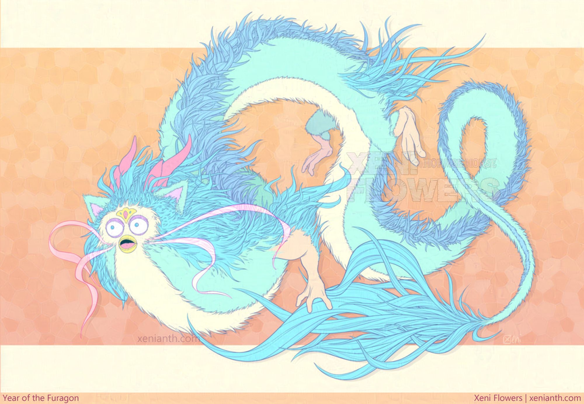 Digital color illustration of a long, furry Furby dragon in pastel colors. Title at bottom reads: Furagon. Its hair and mane go all the way down the top of its body, ending in a long tail with lots of long strands of hair. Its body is curled and twisting in loops and semicircles. Its mouth and eyes are wide open and it's staring intently past the canvas with small pupils.