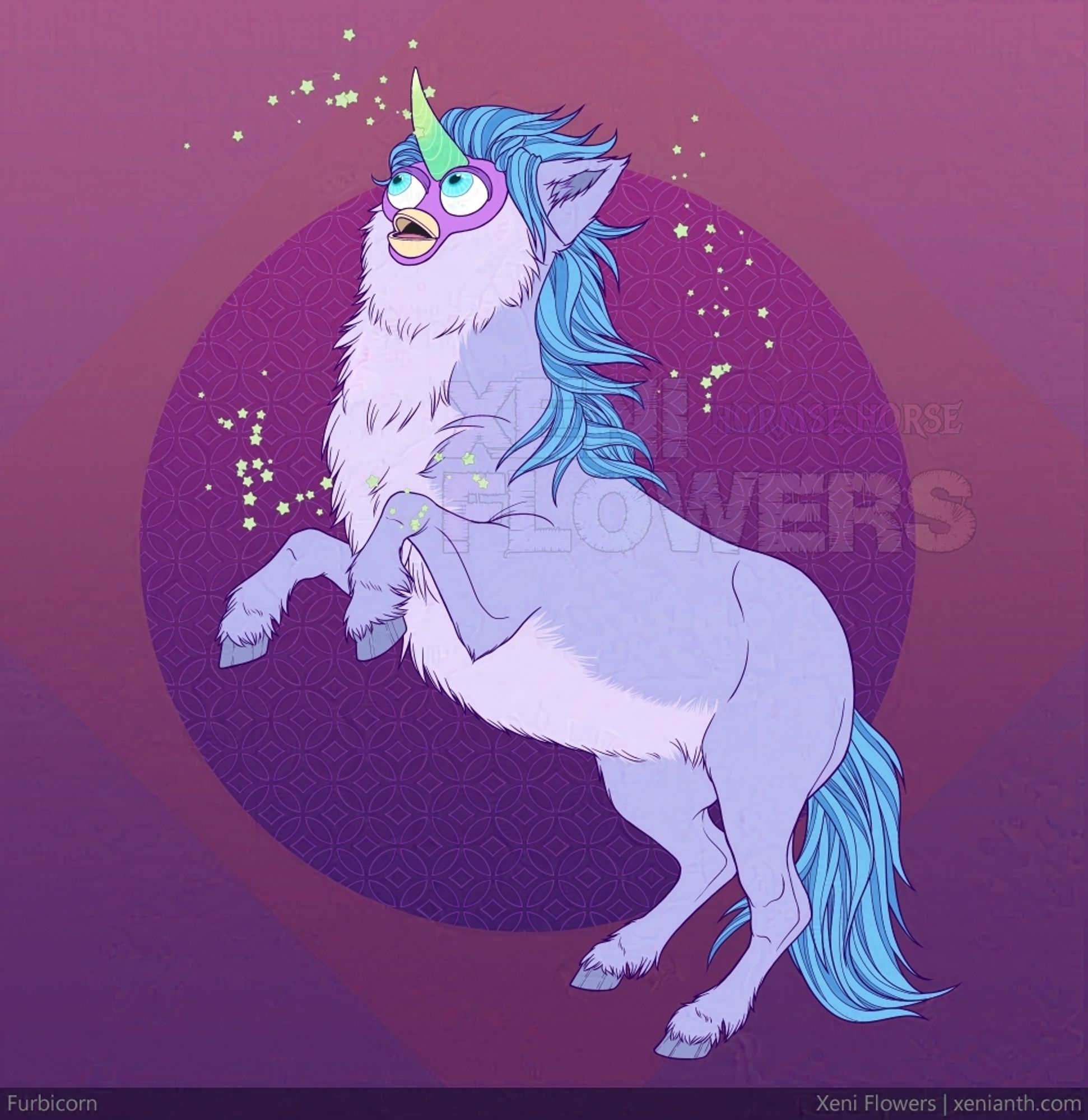 digital color illustration in square format, title at bottom: Furbicorn. A lavender-colored Shetland pony is rearing up. Instead of a horse head, they have a Furby face with mouth open, looking up to the sky. They have a stout unicorn horn. Their mane and tail are blue, and their horn is neon green at the base fading to neon yellow at the tip. Small neon yellow stars sparkle around their upper body and head.