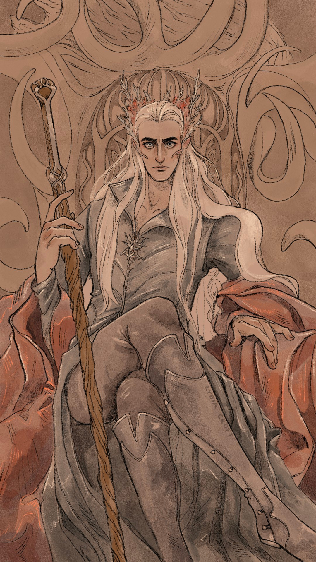 Illustration of thranduil from the hobbit on his throne in the long silver coat and autumn tiara he's most known for, holding his staff 