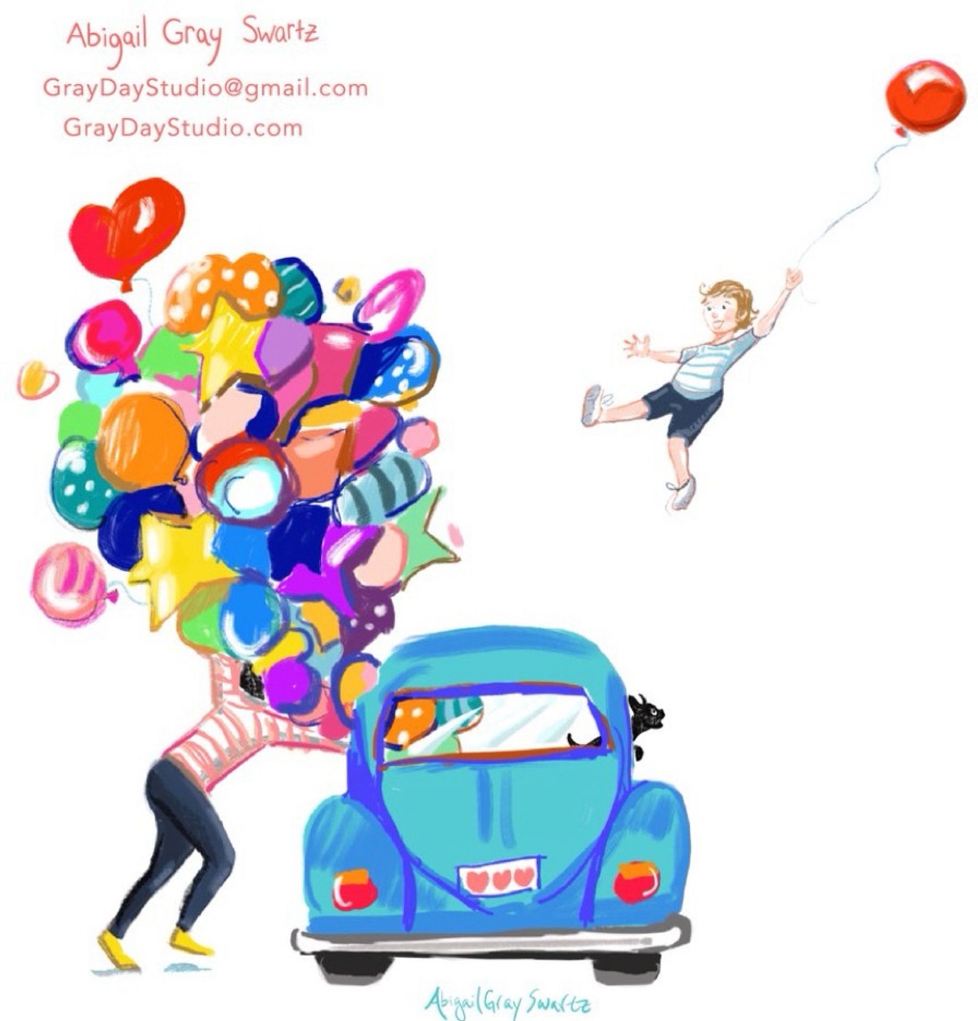 Illustration of an adult trying to cram a bunch of balloons into a small blue beetle. Meanwhile a child is being carried away up above the car by the balloon they’re holding. A tiny shocked dog stares out from the car’s window, open mouthed while the adult is completely oblivious.