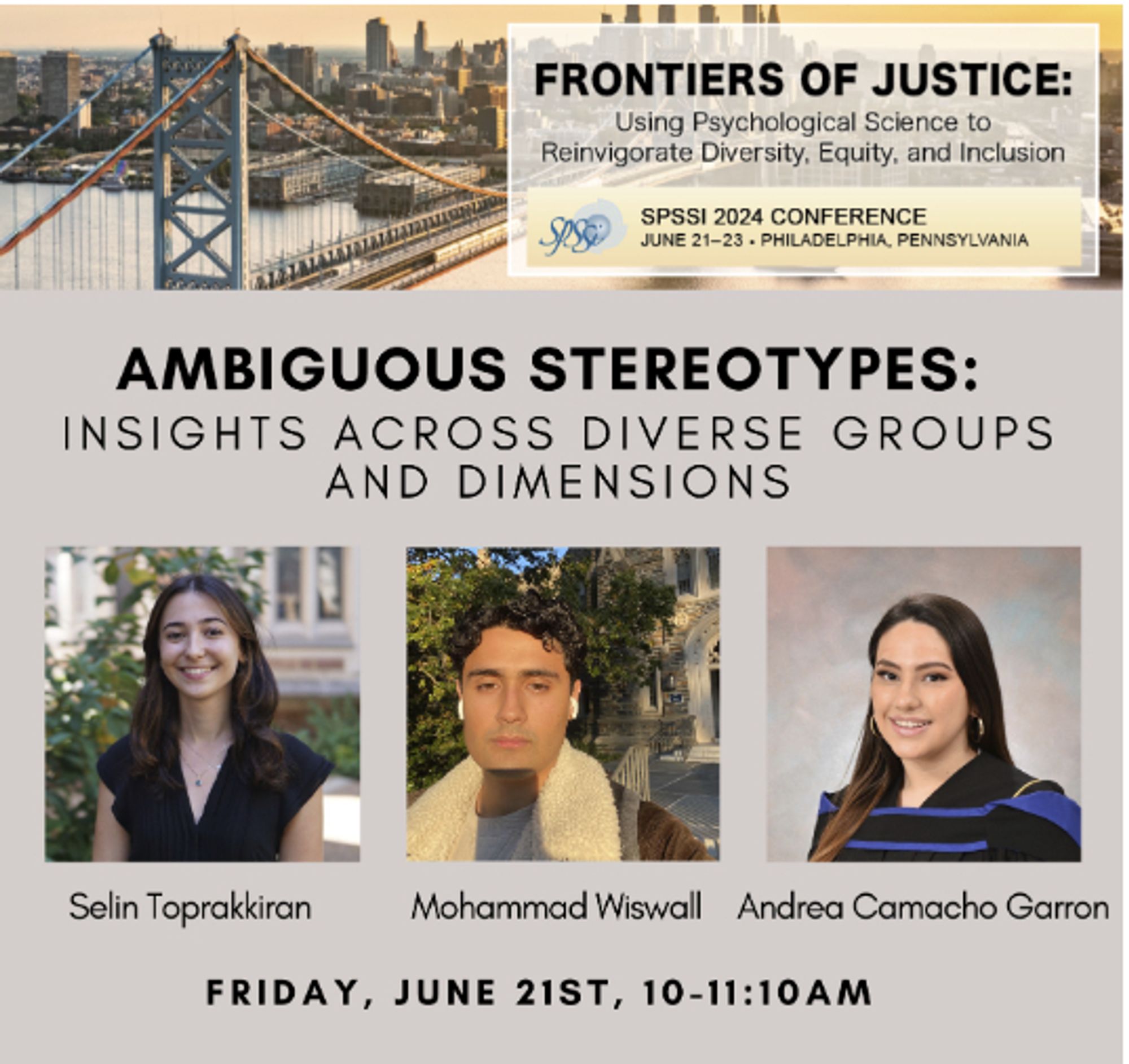 Flyer showing the symposium title "Ambiguous stereotypes: Insights across diverse groups and dimensions" and pictures of the speakers, Selin Toprakkiran, Mohammad Wiswall, and Andrea Camacho Garron.