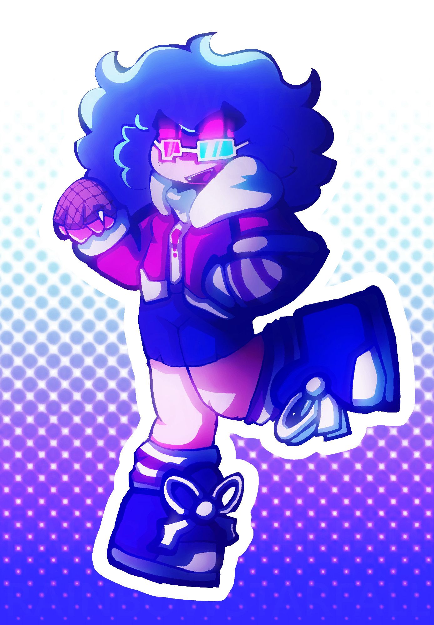 Ret!Sky (a girl with short aqua hair, pink sclera, anaglyph eyes with pink and aqua lenses, a pink jacket, a white sweater with ane xclamation mark, blue shoes, an azure short skirt, striped purple leg warmers and glove on one hand, and a fishnet glove on the other) doing a pose with one of her hands up but drooping, the other in a pocket, and a leg lifted. She is wearing her glasses rather then them sitting on top of her head