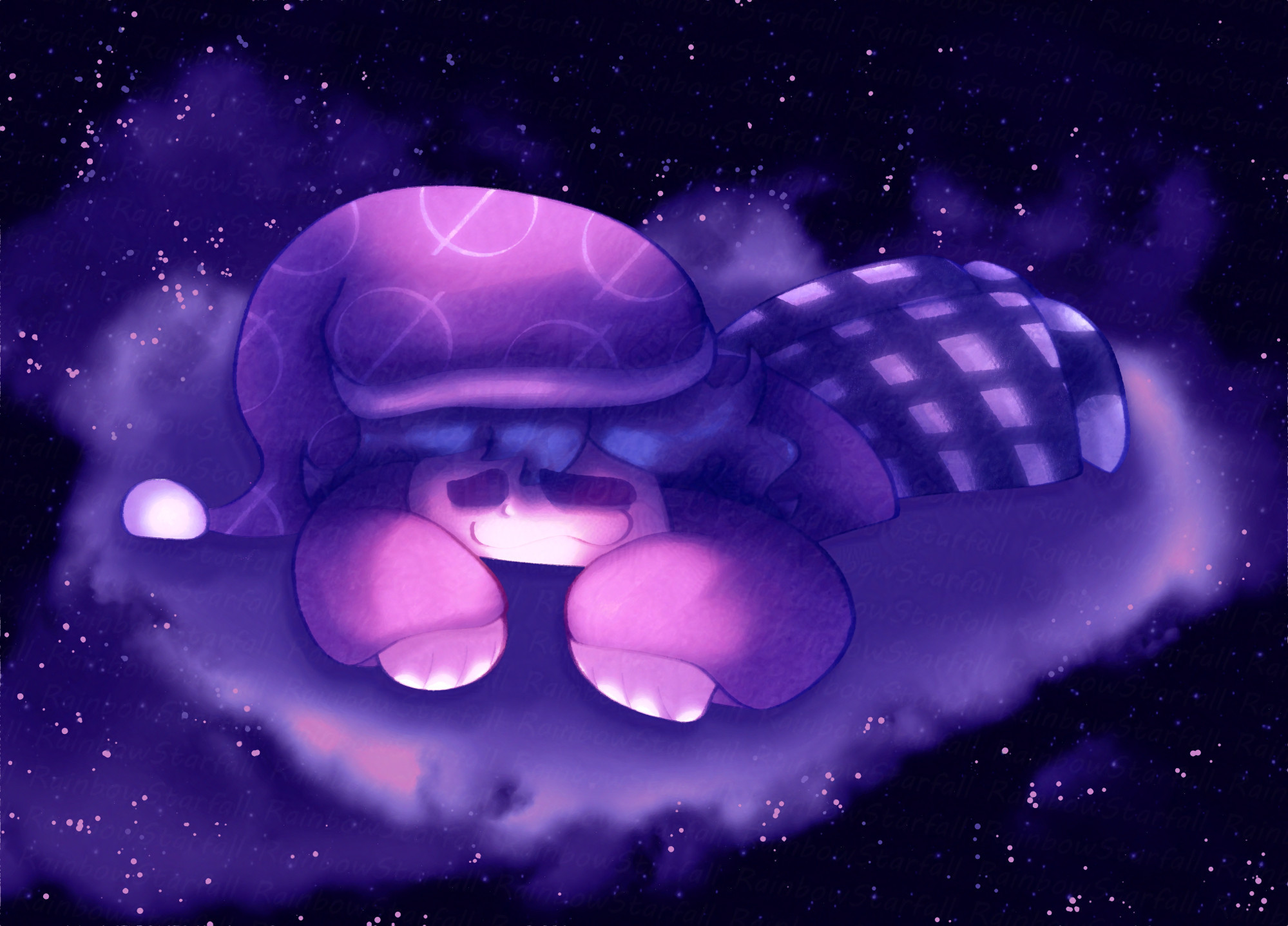 Sleepy Sky (a girl with long blue hair, a purple sleeping cap with white prohibition signs all over it, a purple long-sleeved pajama shirt, white pajama pants with black stripes on them, and black and white socks), sleeping on a cloud in a cloudy starry sky, arms wrapped around head