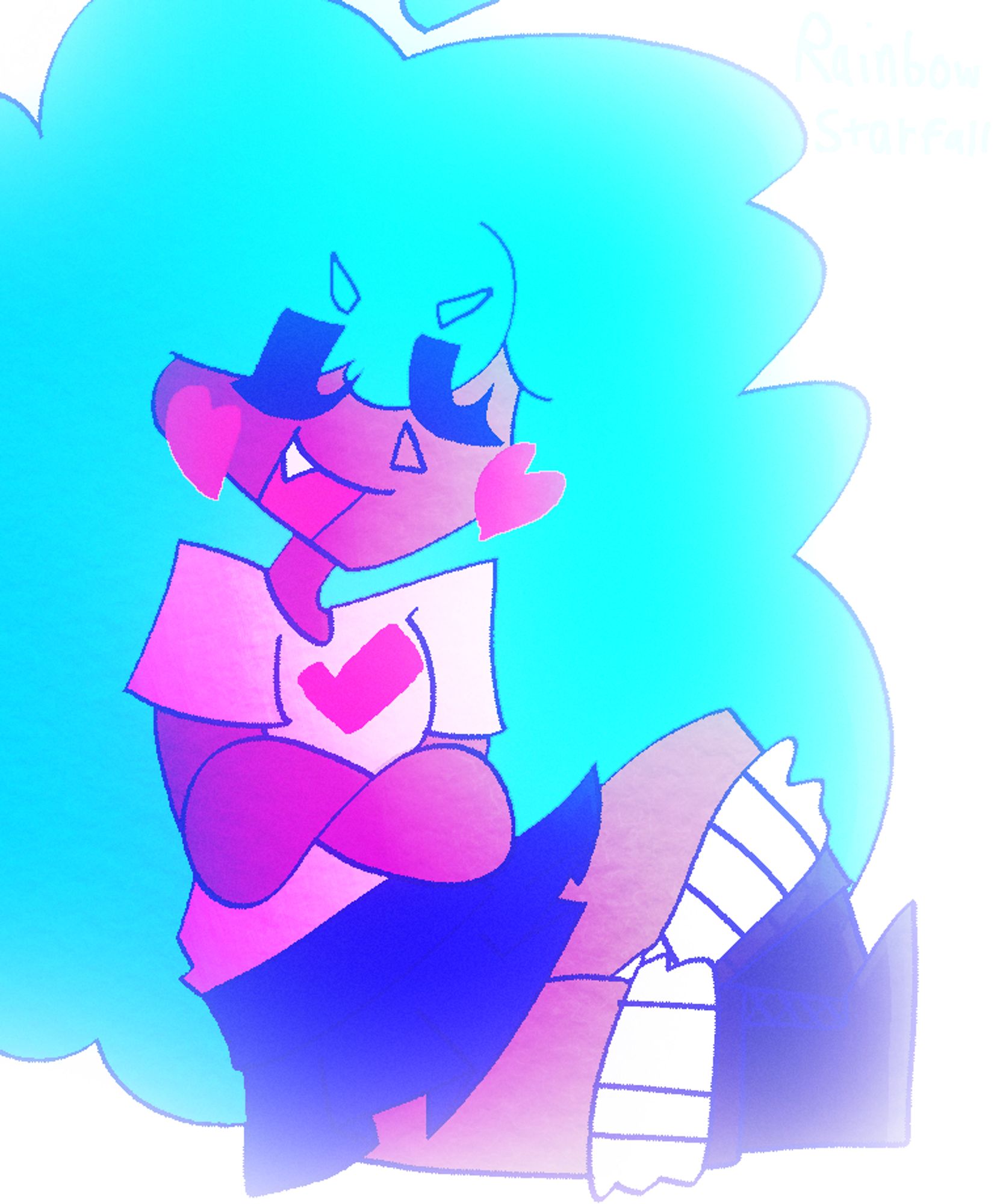 O!Sky (A girl with cyan hair, brown skin, a white shirt with a checkmark, red heart cheeks, and a blue skirt) with her arms folded and appearing confident, sitting in a glowy white.