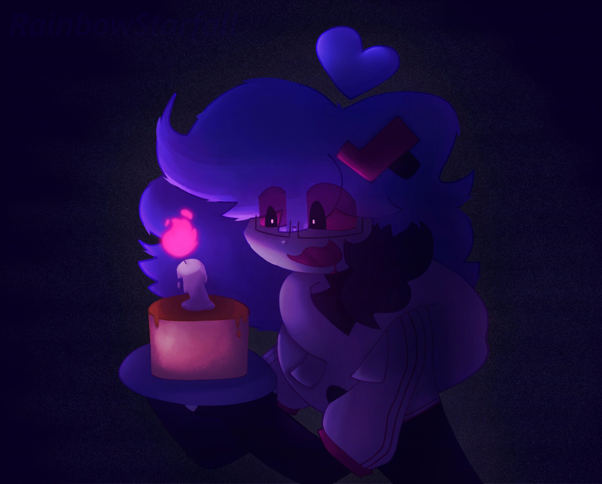 Skazy holding a yellow cake. The drawing is very dark and in-shadow, mostly lit by the candle's red flame.