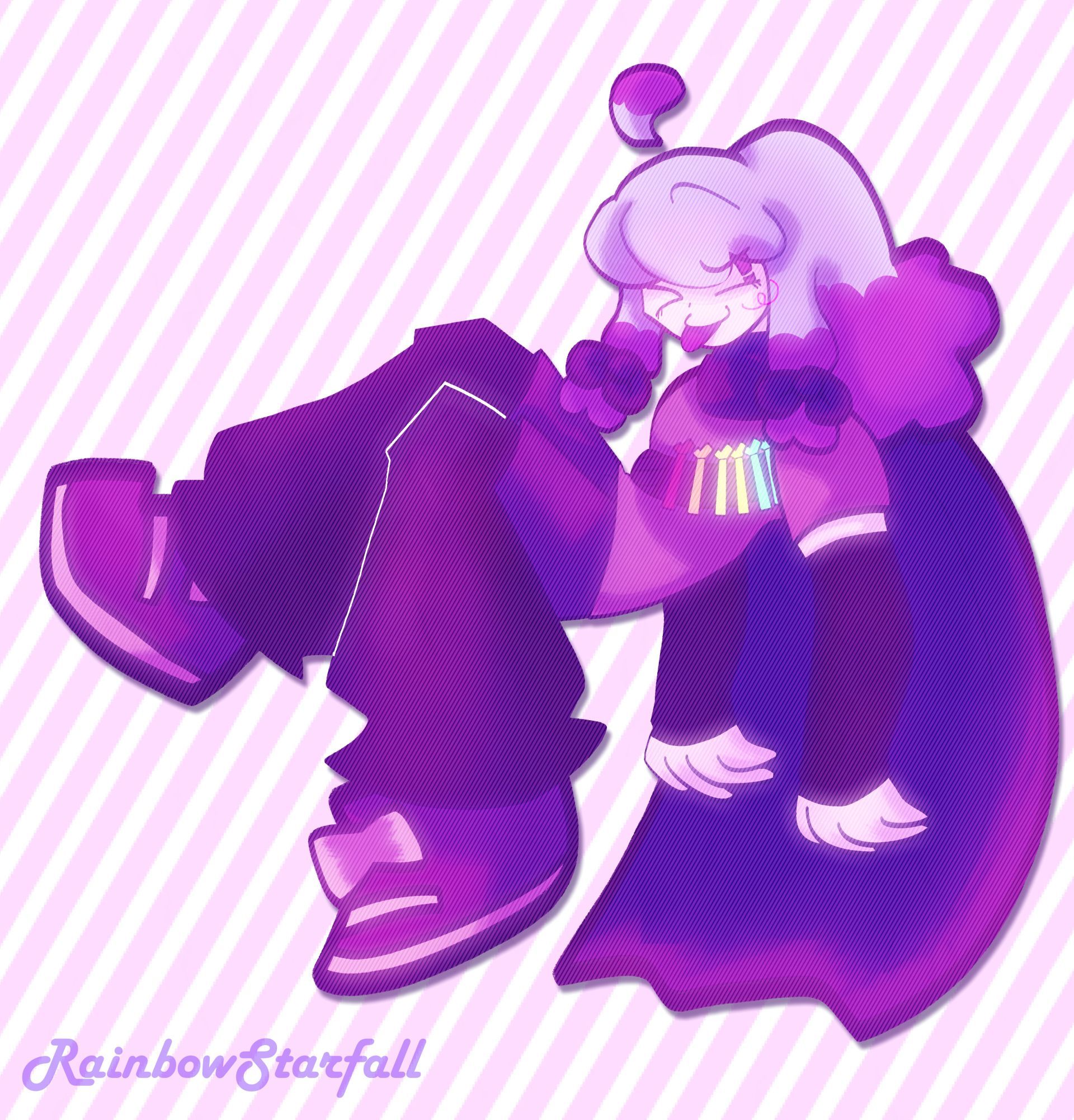 Drawing of Ink!Sky (a girl with blue hair that is partially purple and in a ponytail, a long purpleish scarf, grayish shorts, long black gloves, and a satchel that has rainbow vials with checkmark-shaped plugs). She's floating with her legs bent and her hands hanging past her back, and she has her tongue out while winking. The color palette leans towards pinks and purples.