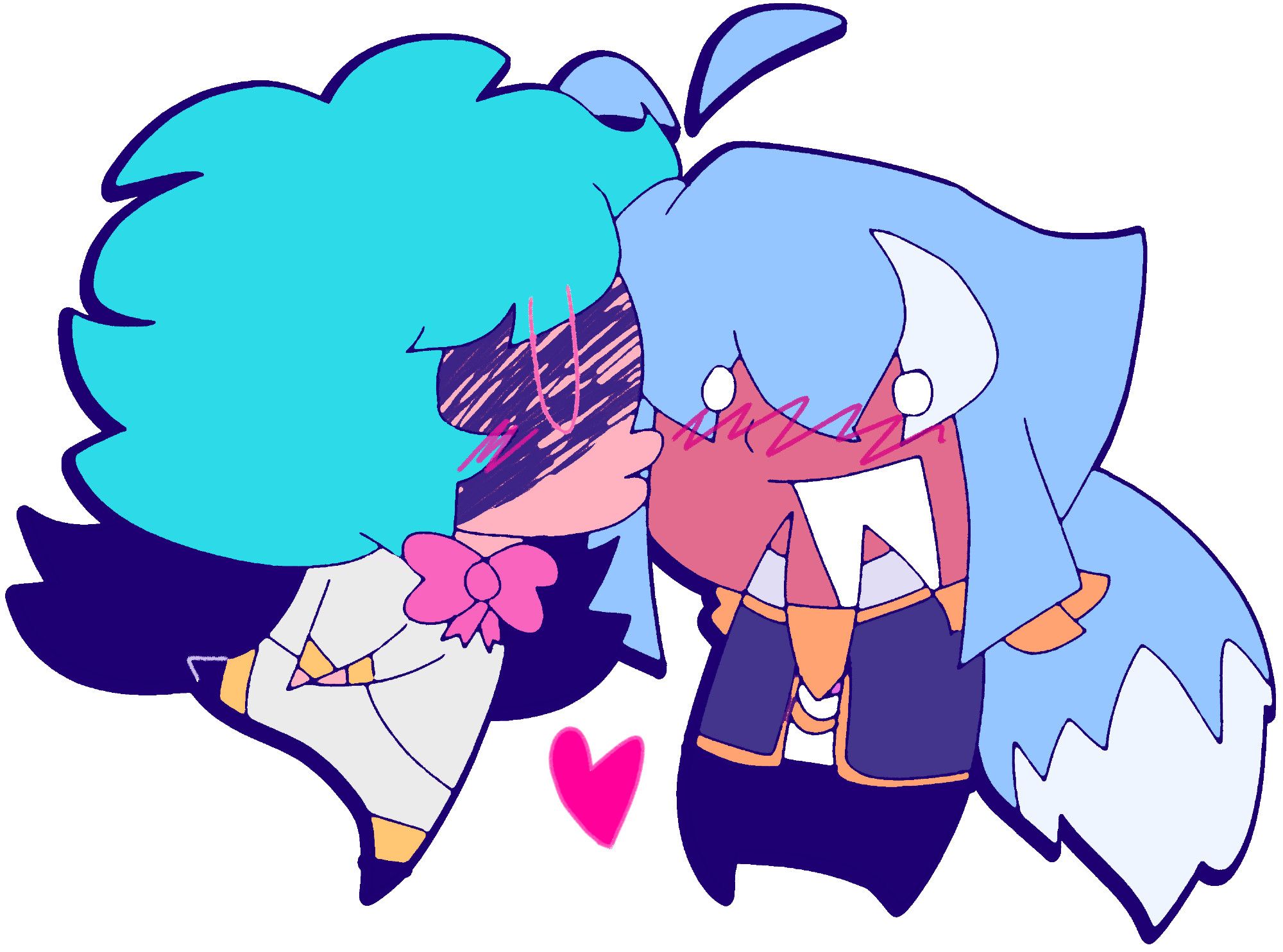 Faker Wikia kissing Skyte on the cheek. Both are blushing. Both are in a chibi style.