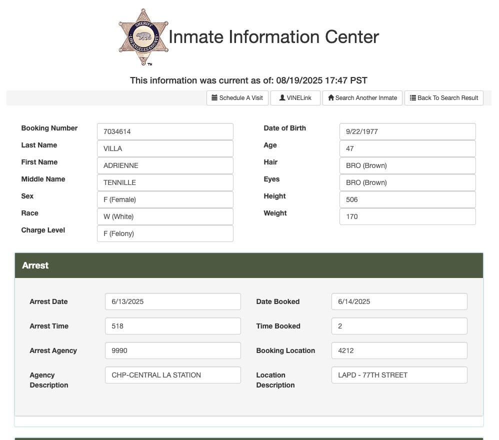 arrest record from 6/13/25

arrested at 516 am by CHP & brought to LAPD 77th street 