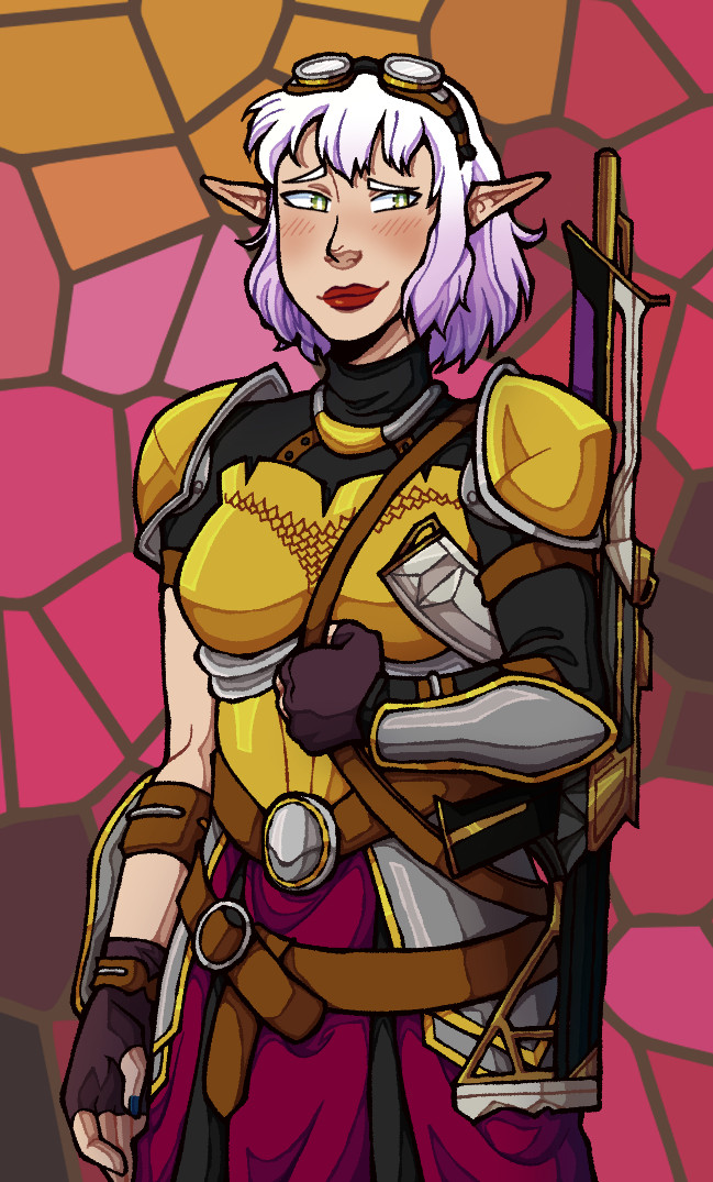 Art depicts an elf with bob-length white hair that turns purple towards the tips. Green eyes and red lips. Golden armor with silver accents, brown straps, and a red skirt that splits into three panels for movement. Fingerless gloves are on the hand and nails are painted. A gold and purple rifle is slung over the shoulder. There is a stained glass window in the background. The is smiling slightly and looking off to the side. She is blushing and the blush creeps up her pointed ears. 

Art by tostonesxcomics