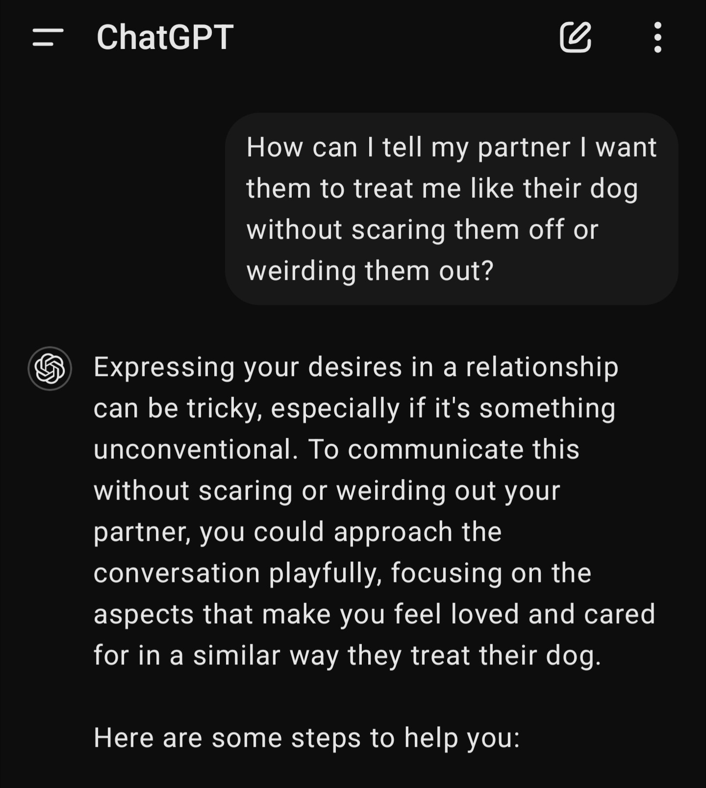 User asking chatgpt how to tell her partner to treat her like a dog without weirding them out, gpt providing a response