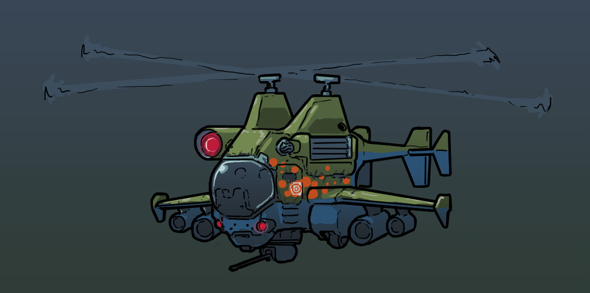 Olive drag helicopter with two interlocking rotor blades, a large bubble canopy on the front and a large laser on the right side. The left side has a radiator to help deal with the laser's heat and to balance the aicraft out a little.