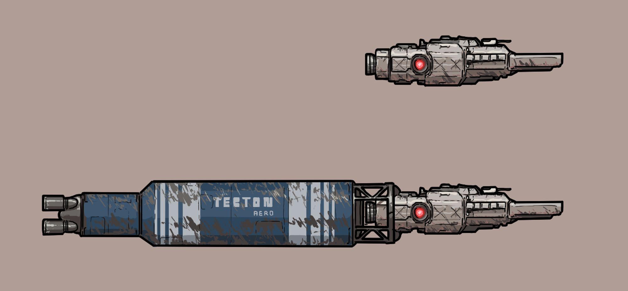 A pale beige spaceship, with a red glowing reactor towards the rear. A small turreted cannon sits towards the top front of the ship. A copy of the spaceship sits under the first one, with a massive blue booster assembly attached to the rear of it. On the booster is written TECTON AERO