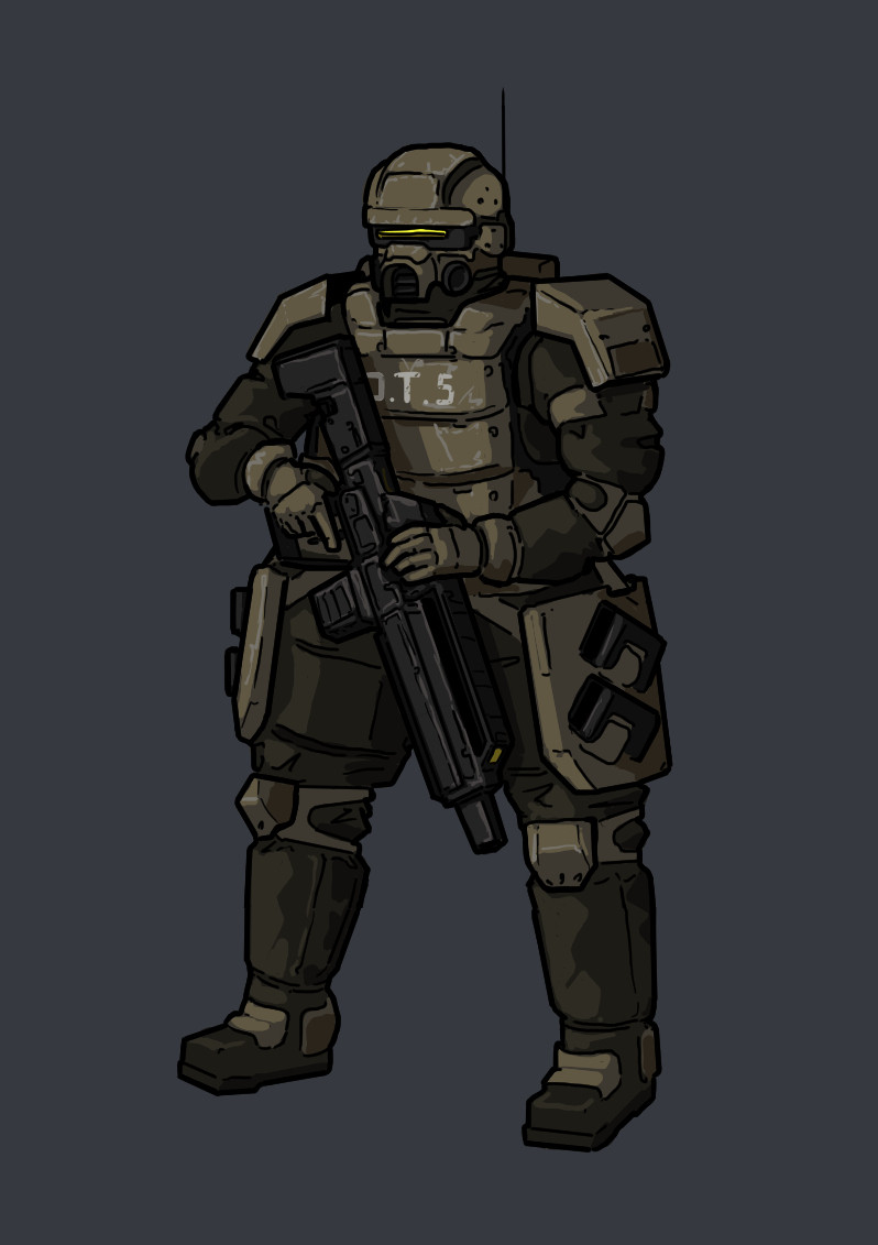 Soldier in a drab brown armoured harness with a fully enclosed helm featuring a slit visor and respirator. In their hands they hold a bulky assault rifle. O.T.S is printed across their armoured chestplate.