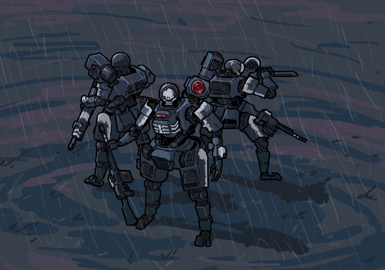 Three dark blue mech with rounded heads. Two are equipped with medium sized rifles while one has a larger autocannon in its hands. All three have a boxy reg laser emitter on their left shoudlers and a bulky launcher unit on their left forearm.