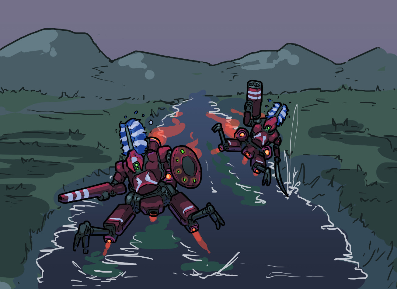 Two spindly, burgundy mechs with a large array of endinges and red-and-white plumes flying down a river.