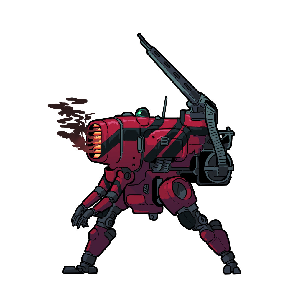 Bipedal combat vehicle in a dark pinkish red with black stripes. An exposed, orange glowing grille sits at the front of its tall, thin body while a hefty autocannon turret sits at the back.