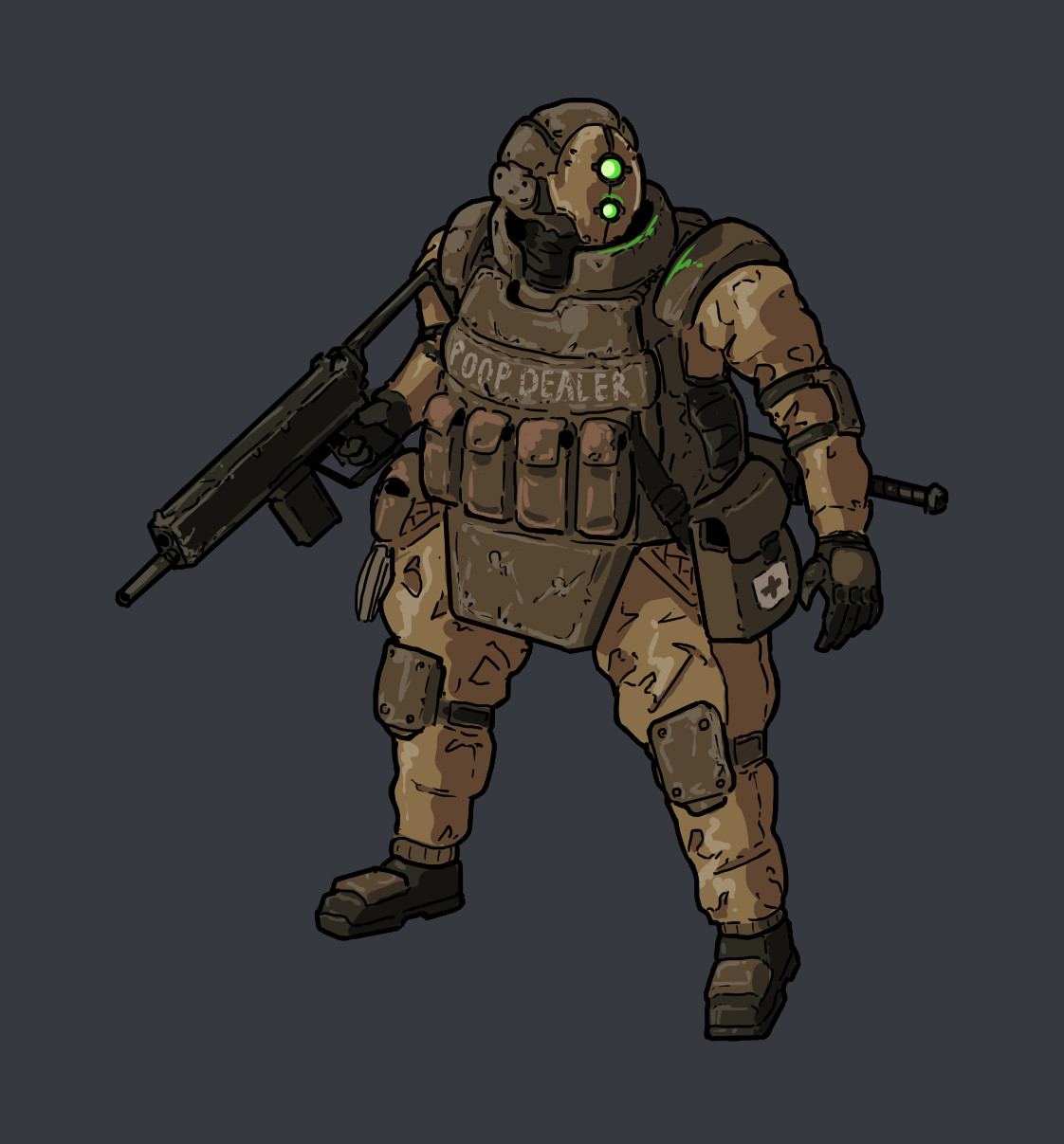 Wideset man in brown combat farigues with a boxy carbine in his right hand. A full-face helmet with two green eyes mounted vertically covers his head. POOP DEALER is scrawled across his chestplate.