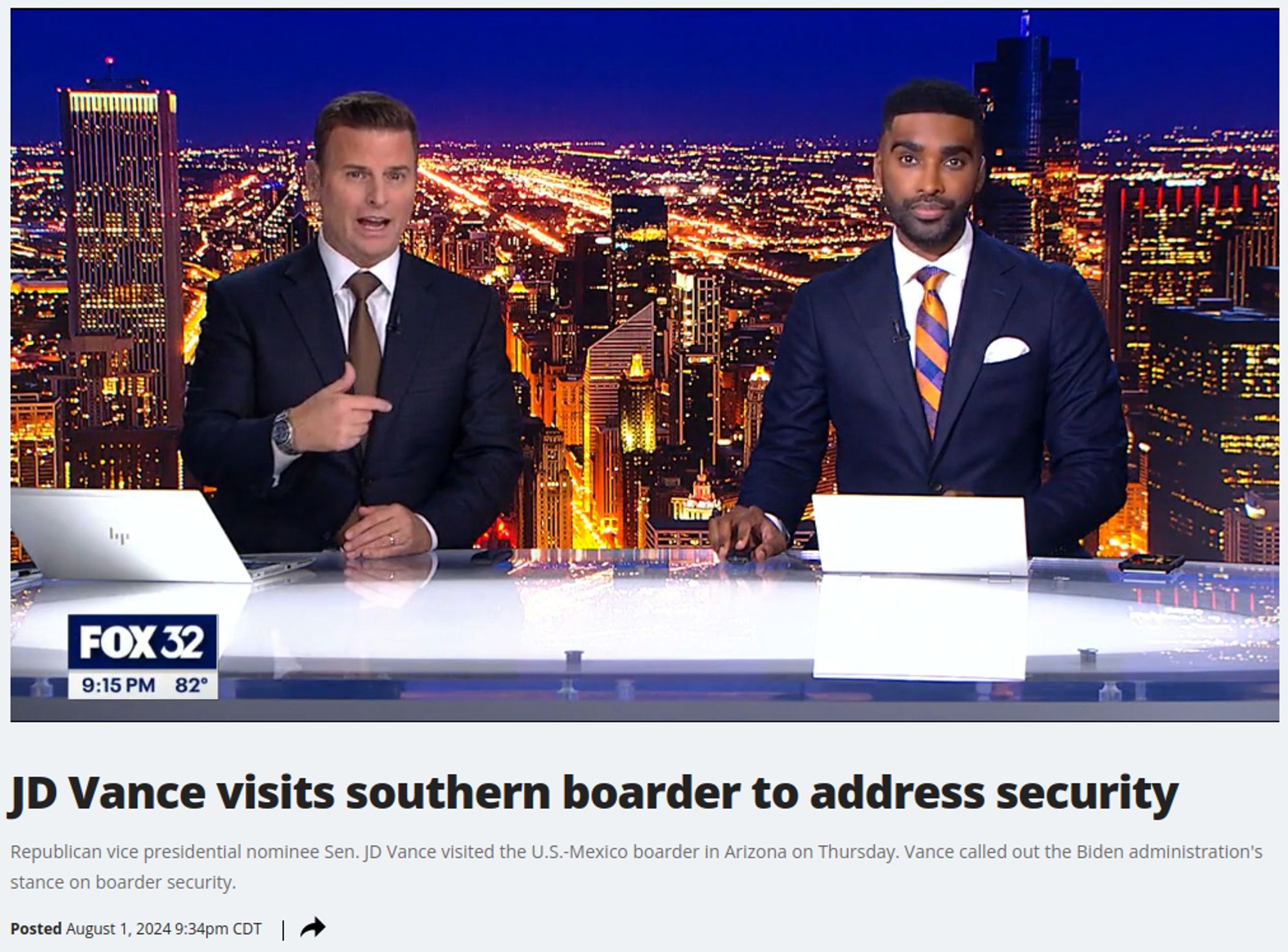 Screenshot of two news anchors on Fox News TV (Fox32 logo in the bottom left corner) looking at the camera, with a headline underneath which reads "JD Vance visits southern boarder (sic) to address security"