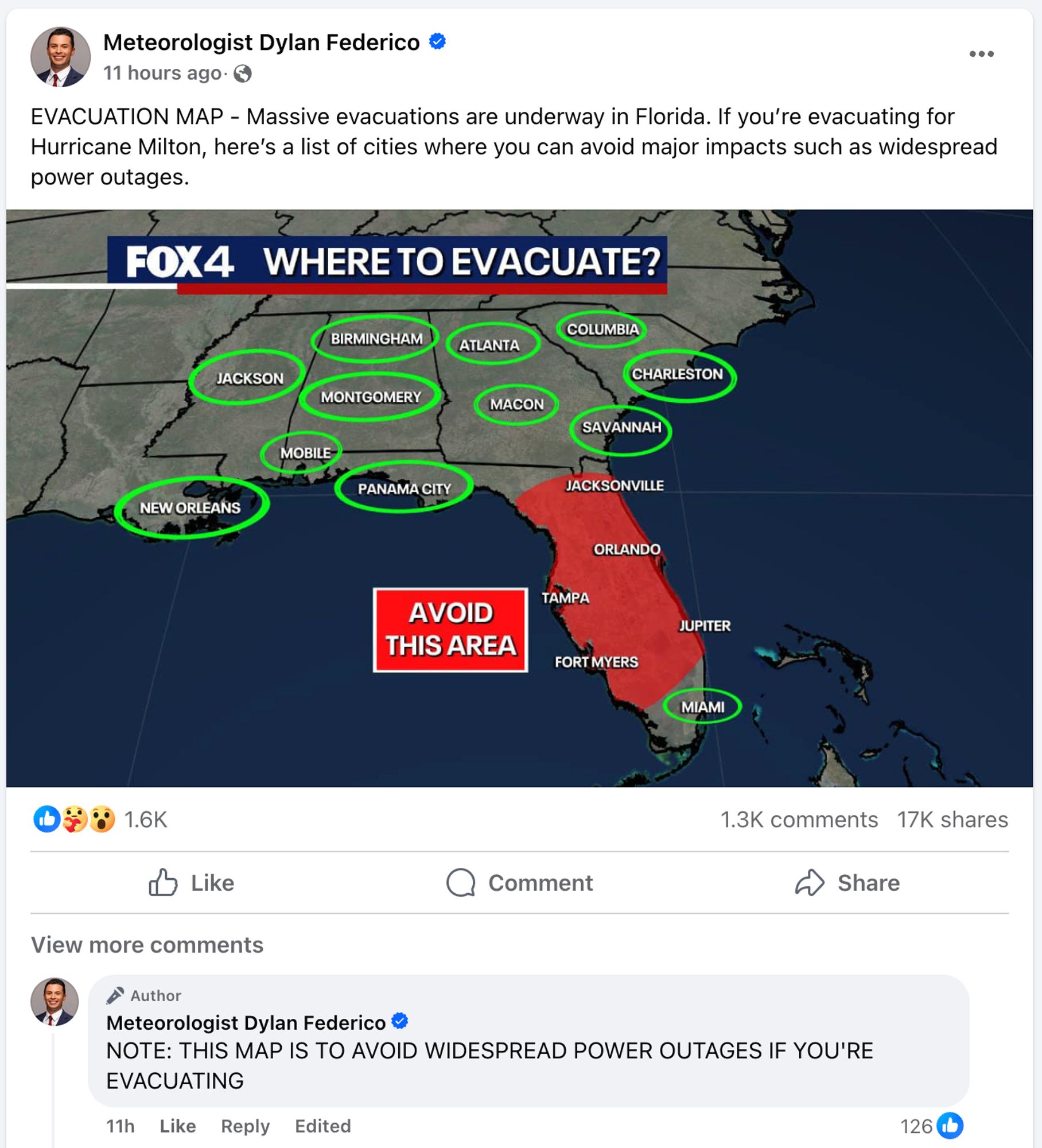 Screenshot of Facebook post described above, with misleading graphic and the text:

EVACUATION MAP - Massive evacuations are underway in Florida. If you’re evacuating for Hurricane Milton, here’s a list of cities where you can avoid major impacts such as widespread power outages.

And later an additional note:

NOTE: THIS MAP IS TO AVOID WIDESPREAD POWER OUTAGES IF YOU'RE EVACUATING