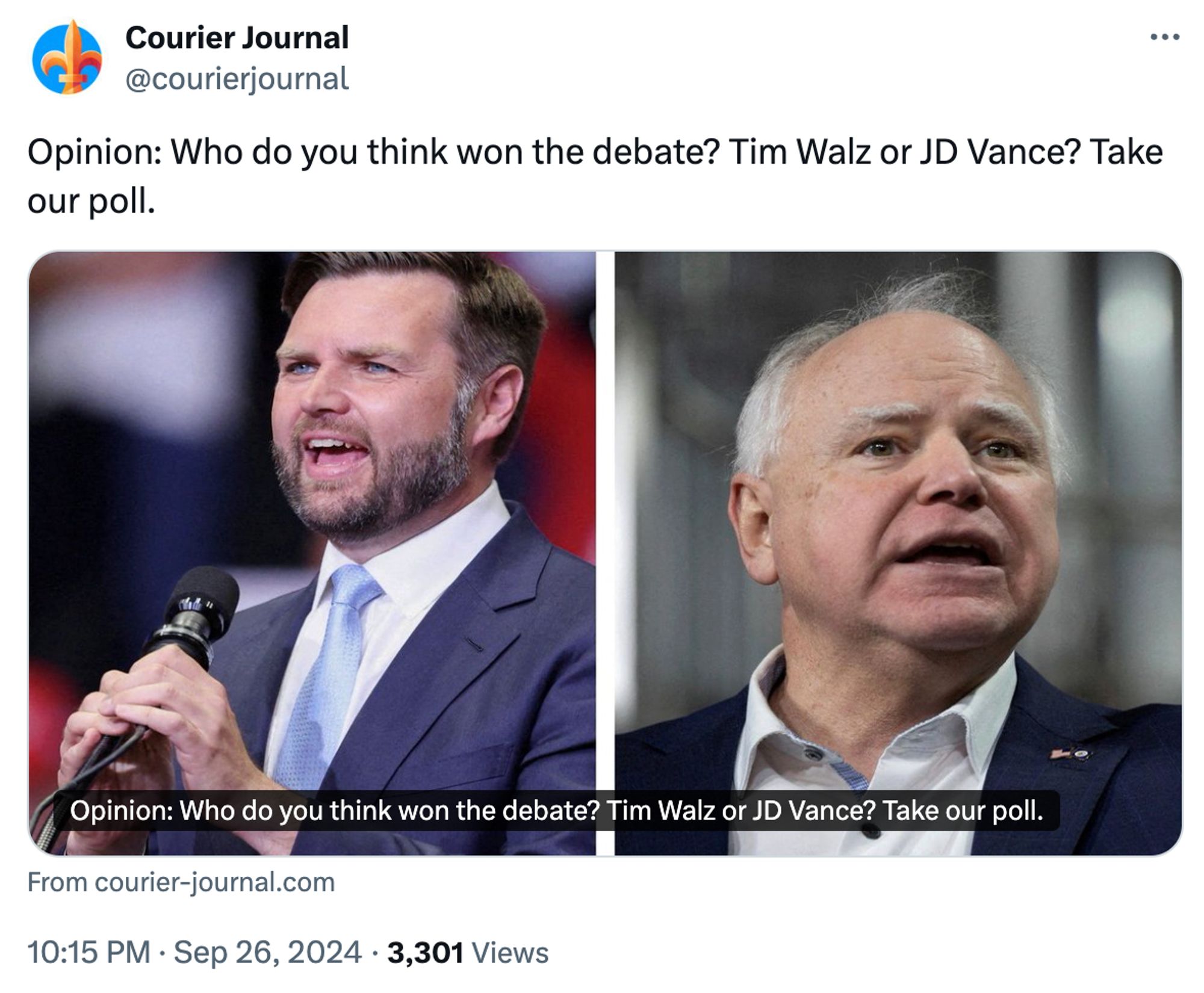 Tweet from the Louisville Courier-Journal:

Opinion: Who do you think won the debate? Tim Walz or JD Vance? Take our poll.