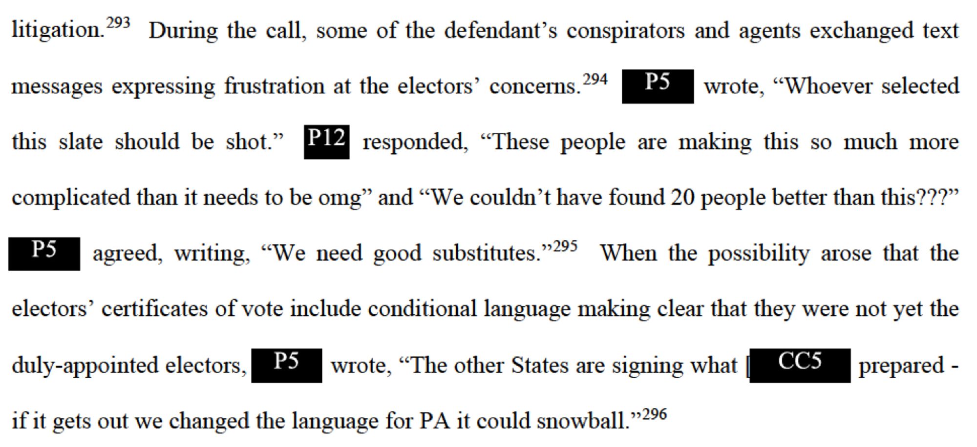 During the call, some of the defendant's conspirators and agents exchanged text messages expressing frustration at the electors' concerns. P5 wrote, "Whoever selected this slate should be shot." P12 responded, "These people are making this so much more complicated than it needs to be omg" and "We couldn't have found 20 people better than this???" P5 agreed, writing, "We need good substitutes." When the possibility arose that the electors' certificates of vote include conditional language making clear that they were not yet the duly-appointed electors, PS wrote, "The other States are signing what | CCS prepared —if it gets out we changed the language for PA it could snowball. "