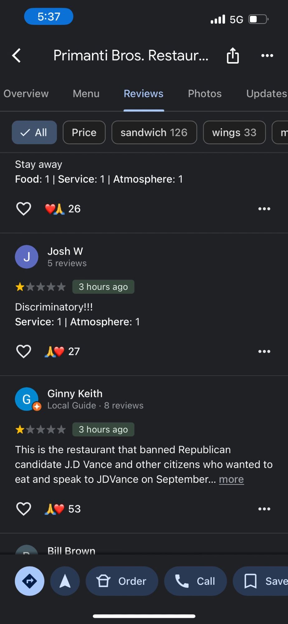 Stay away
Food: 1 | Service: 1 | Atmosphere: 1

Josh W
5 reviews
3 hours ago
Discriminatory!!!
Service: 1 | Atmosphere: 1


Ginny Keith
Local Guide • 8 reviews
3 hours ago
This is the restaurant that banned Republican candidate J.D Vance and other citizens who wanted to eat and speak to JDVance on September.