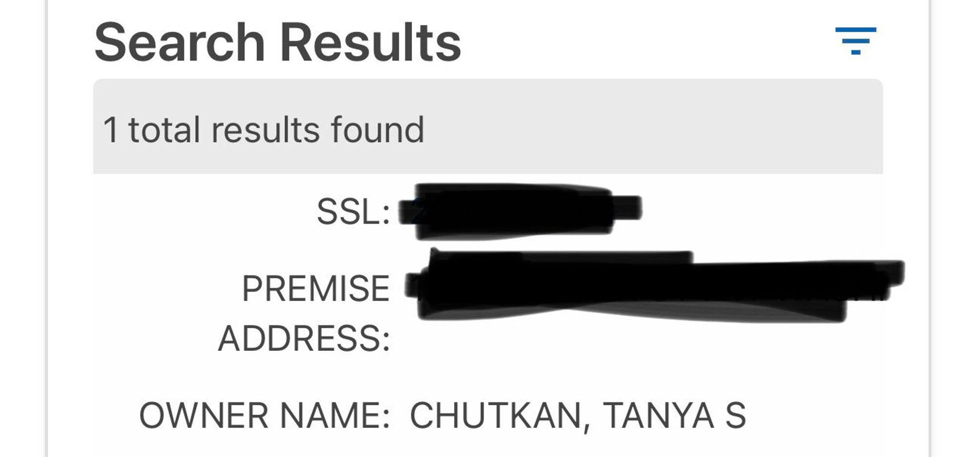 Redacted screenshot of property-search results showing the owner of a house as Tanya Chutkan