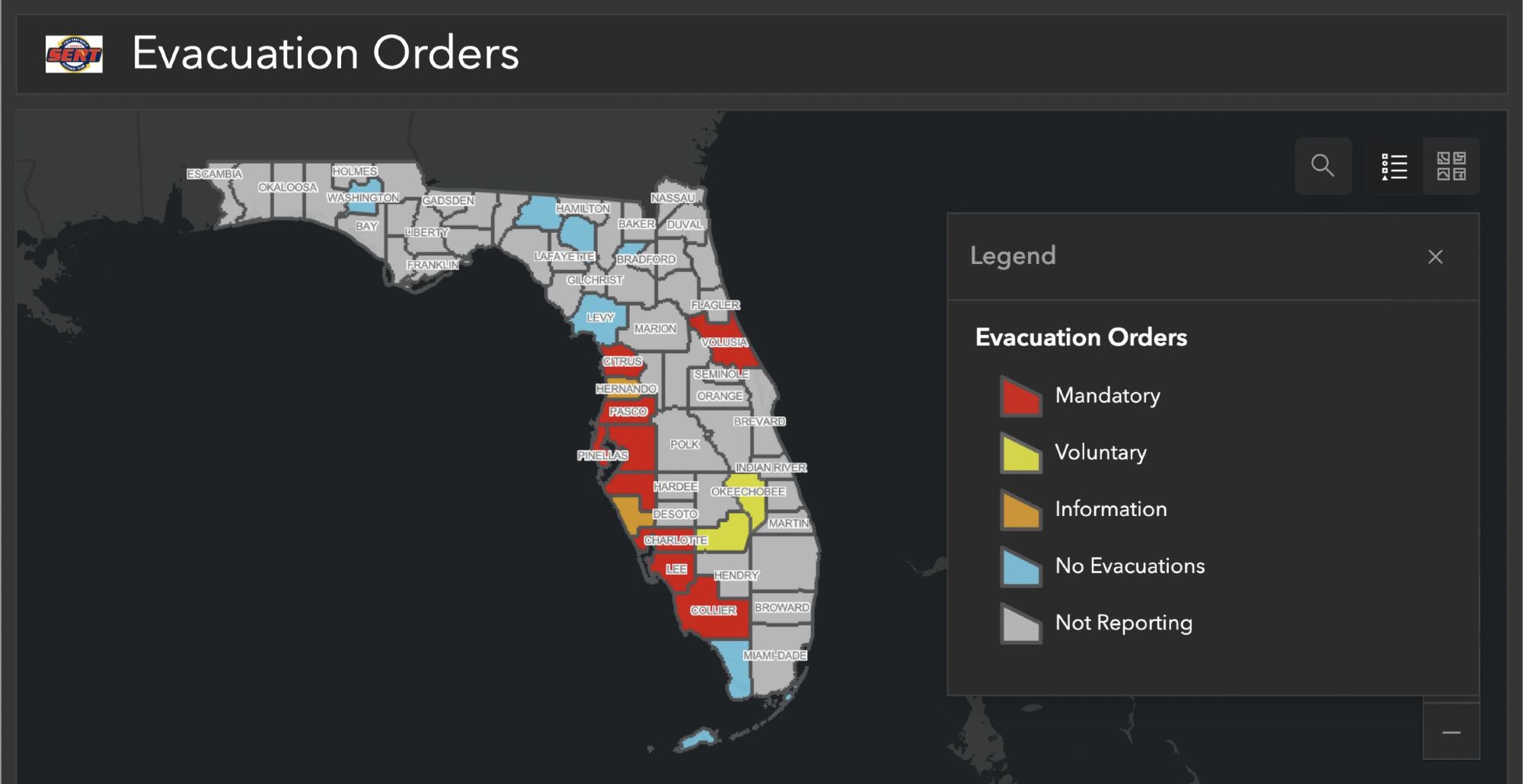 Accurate graph from the Florida Division of Emergency Management showing nine counties, mainly along the Florida panhandle's western shore, with mandatory evacuation orders.