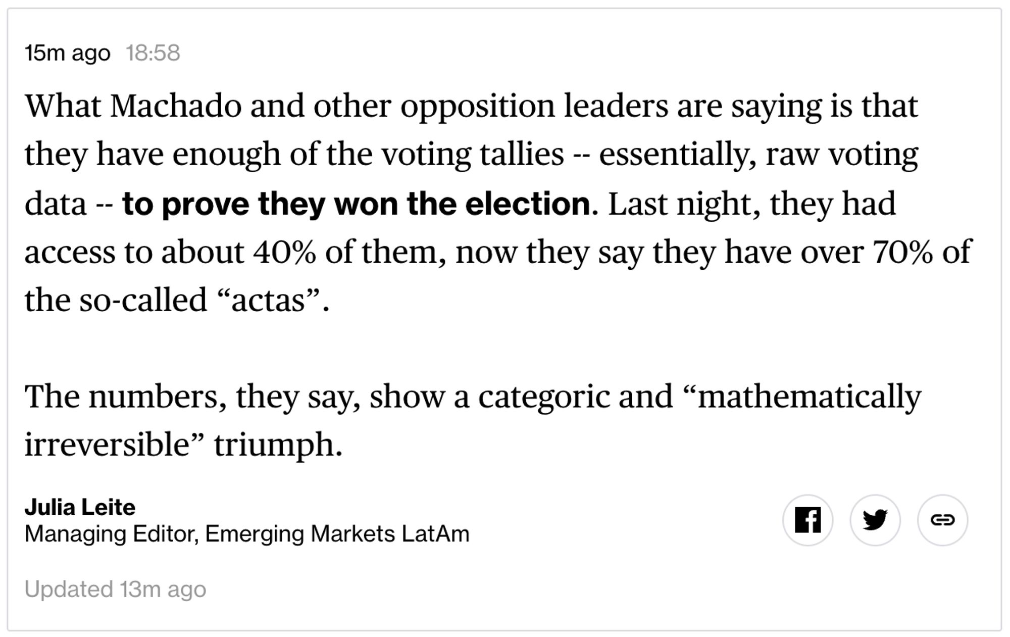 From Bloomberg News blog linked to above:

What Machado and other opposition leaders are saying is that they have enough of the voting tallies -- essentially, raw voting data -- to prove they won the election. Last night, they had access to about 40% of them, now they say they have over 70% of the so-called “actas”.

The numbers, they say, show a categoric and “mathematically irreversible” triumph.