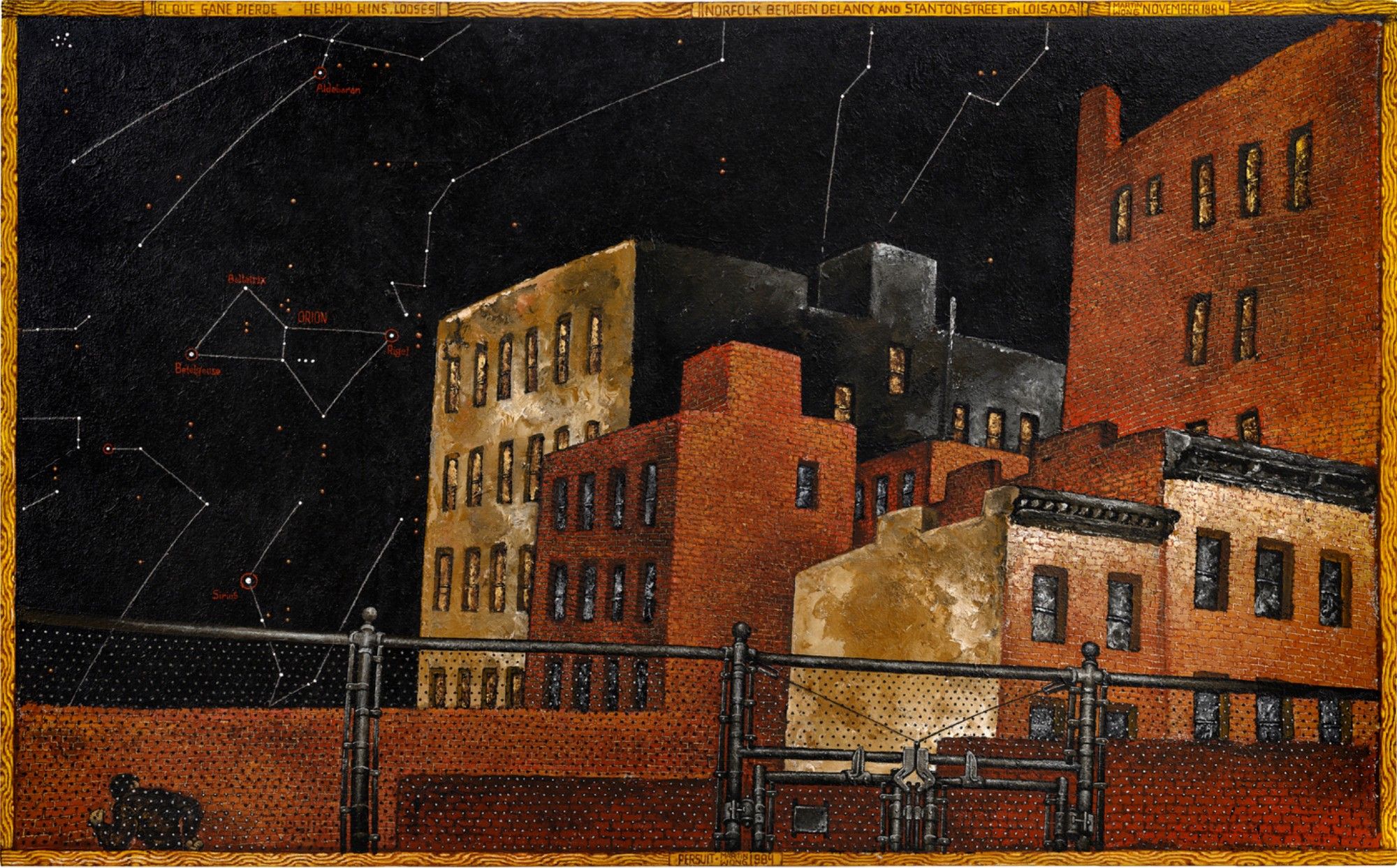 Painting of brick New York City apartment buildings behind metal gates, with a dark sky filled with constellations, stars labeled