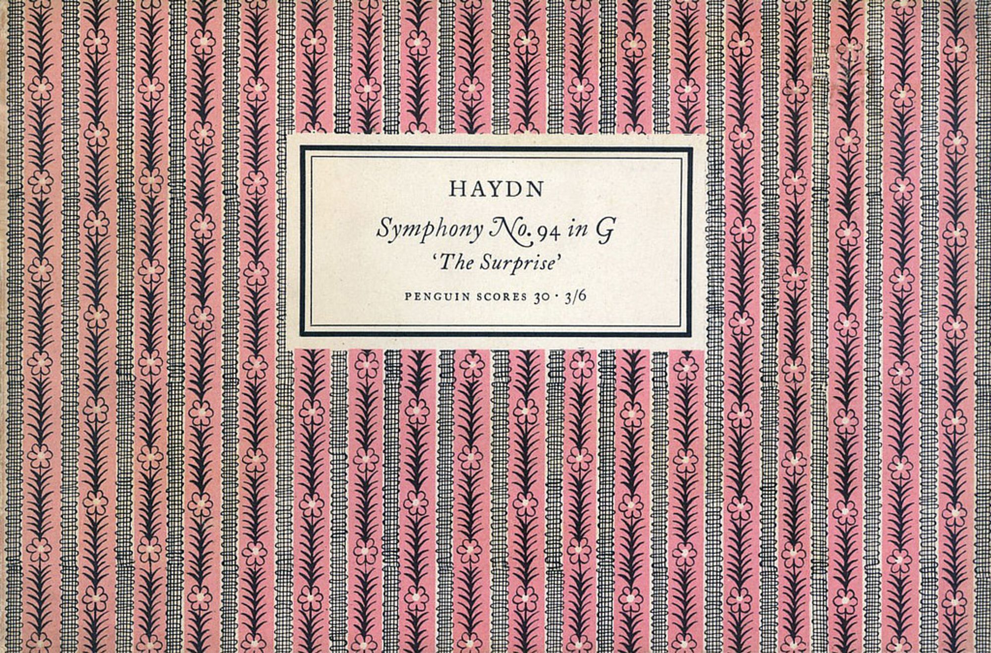 Cover of Haydn score with repeated pattern of vertical lines and flowers light-pink ground