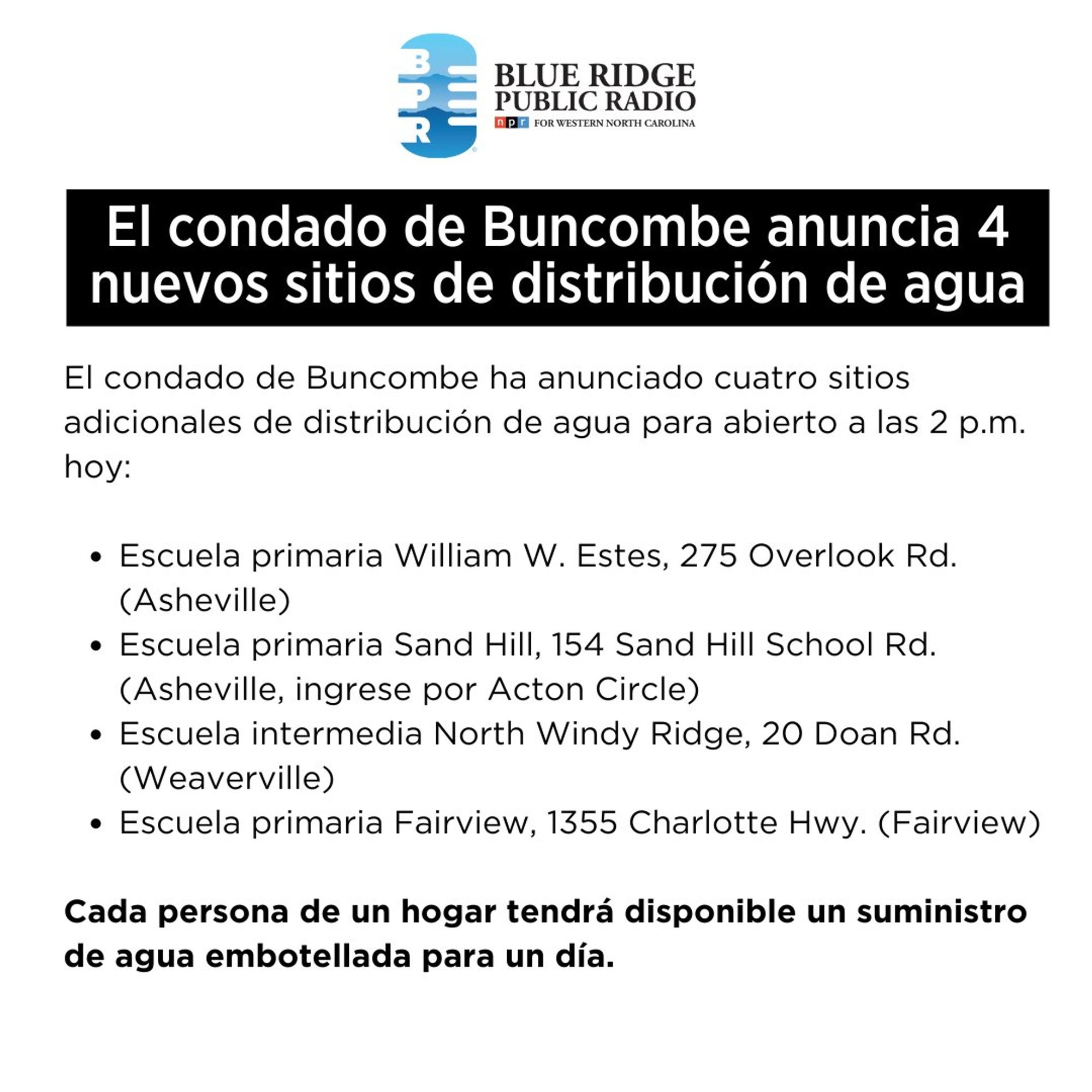 El condado de Buncombe anuncia 4 nuevos sitios de distribución de agua
El condado de Buncombe ha anunciado cuatro sitios adicionales de distribución de agua para abierto a las 2 p.m.
hoy:
• Escuela primaria William W. Estes, 275 Overlook Rd.
(Asheville)
• Escuela primaria Sand Hill, 154 Sand Hill School Rd.
(Asheville, ingrese por Acton Circle)
• Escuela intermedia North Windy Ridge, 20 Doan Rd.
(Weaverville)
• Escuela primaria Fairview, 1355 Charlotte Hwy. (Fairview)
Cada persona de un hogar tendrá disponible un suministro de agua embotellada para un día.