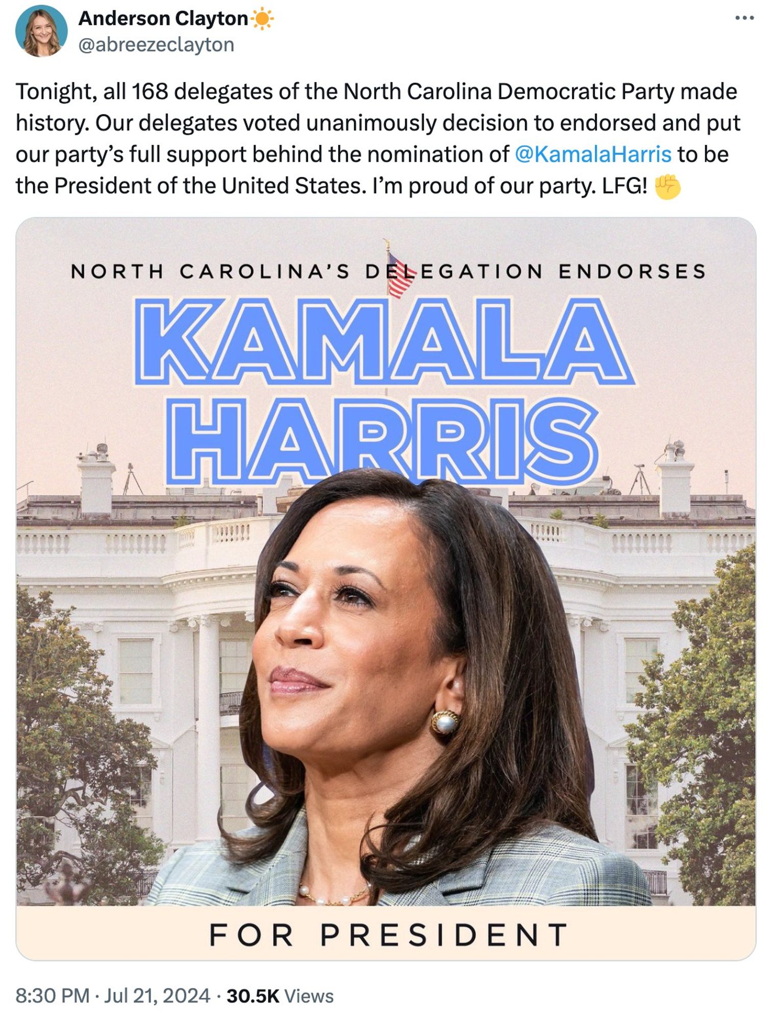 Tweet:

Tonight, all 168 delegates of the North Carolina Democratic Party made history. Our delegates voted unanimously decision to endorsed and put our party’s full support behind the nomination of 
@KamalaHarris
 to be the President of the United States. I’m proud of our party. LFG!