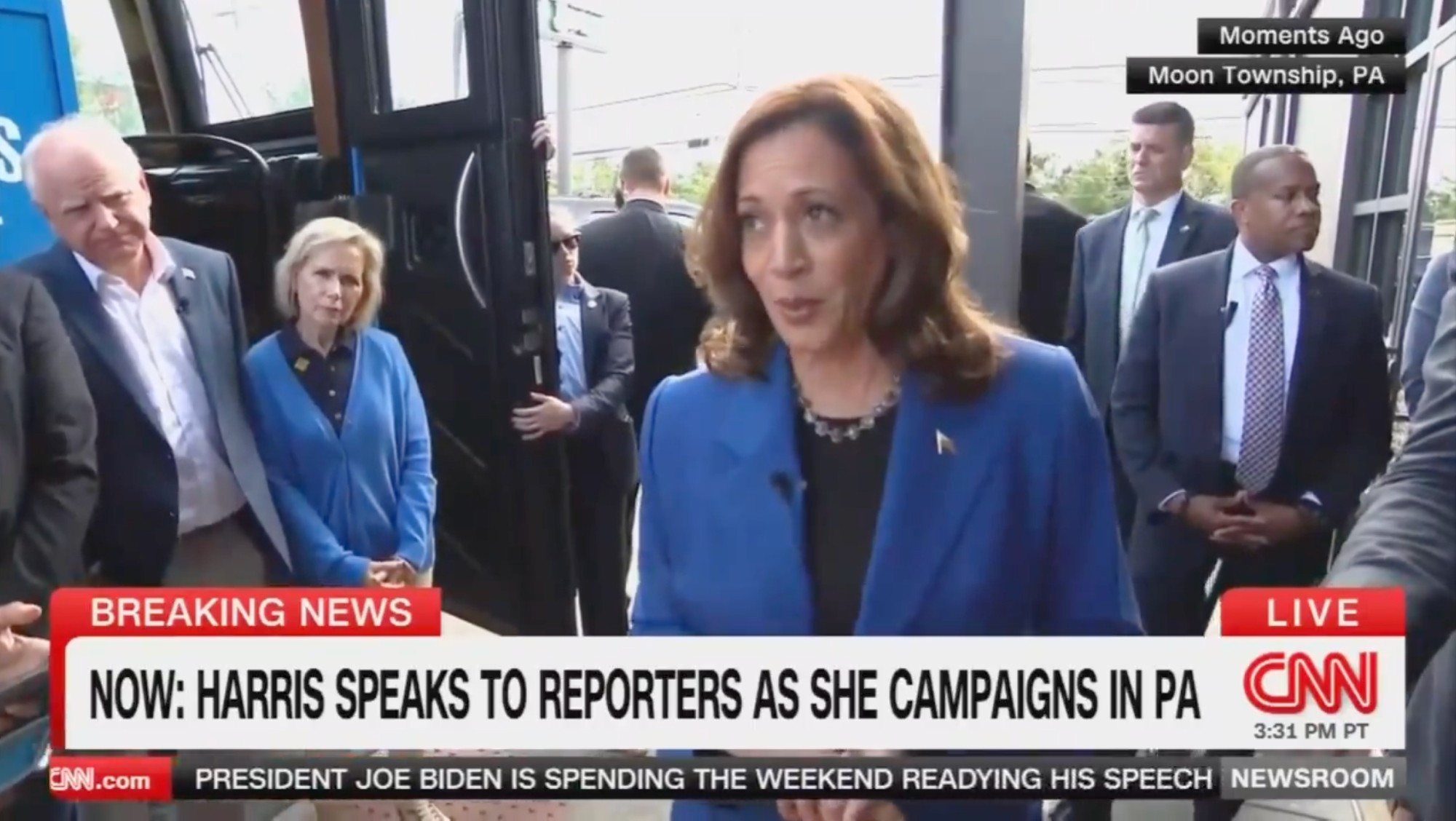 CNN video still: Kamala Harris speaks to reporters outside her campaign bus. The chyron reads: NOW: HARRIS SPEAKS TO REPORTERS AS SHE CAMPAIGNS IN PA.