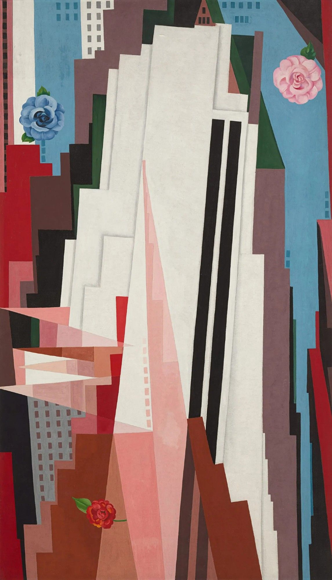 Manhattan, 1932. A multicolored, abstracted, geometrical view of New York skyscrapers. We see tall white jagged rectangles, pink triangles, and brown jagged rectangles in the foreground, with a more familiar background of other overlapping buildings in blue and white—maybe some of the blue is sky. Depictions of three flower blossoms—blue, pink, and red—also dot the canvas.