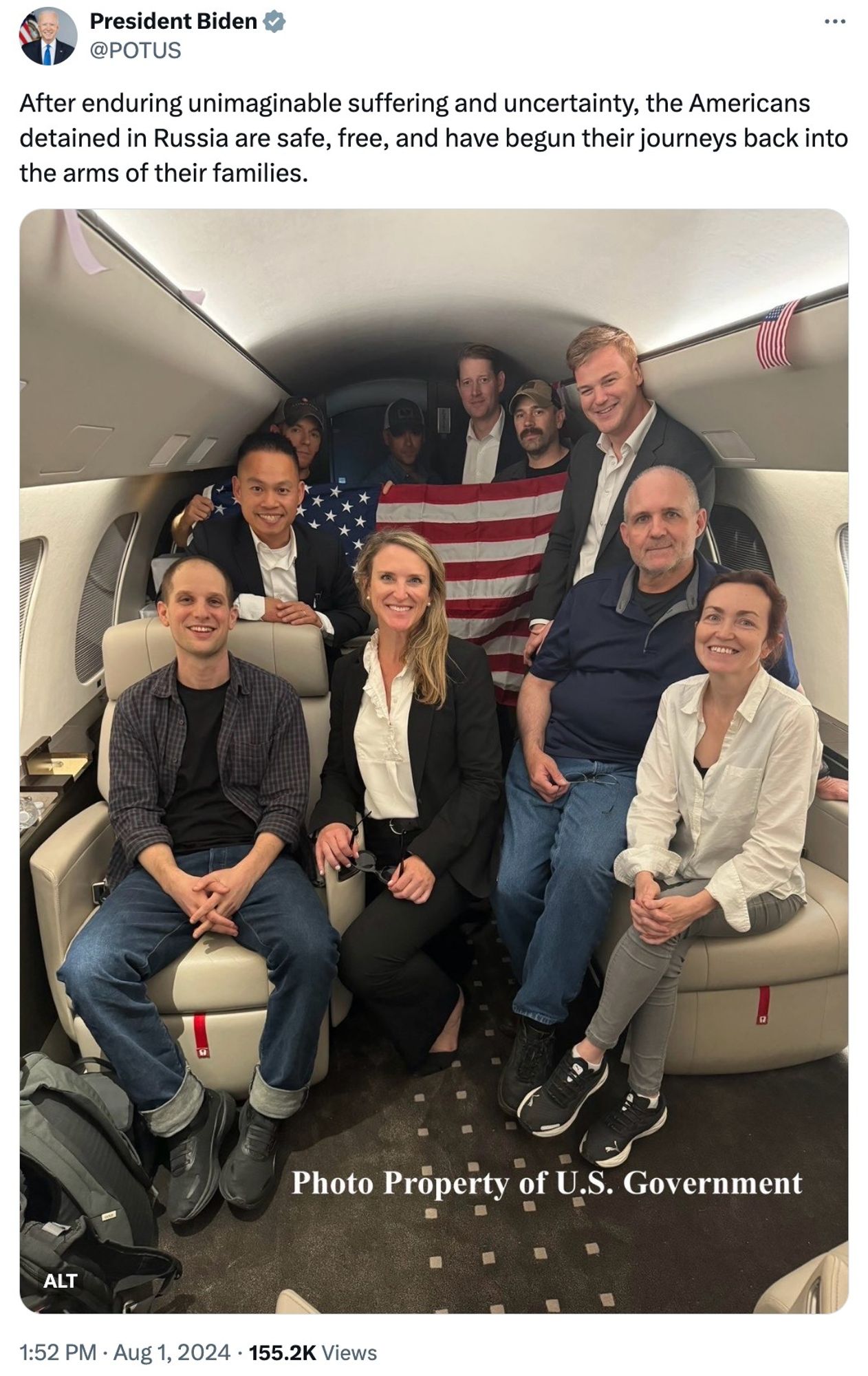 President Biden's Twitter account posts:

After enduring unimaginable suffering and uncertainty, the Americans detained in Russia are safe, free, and have begun their journeys back into the arms of their families.

Below, a photo of the freed detainees aboard an airplane on their way home, looking relieved and happy