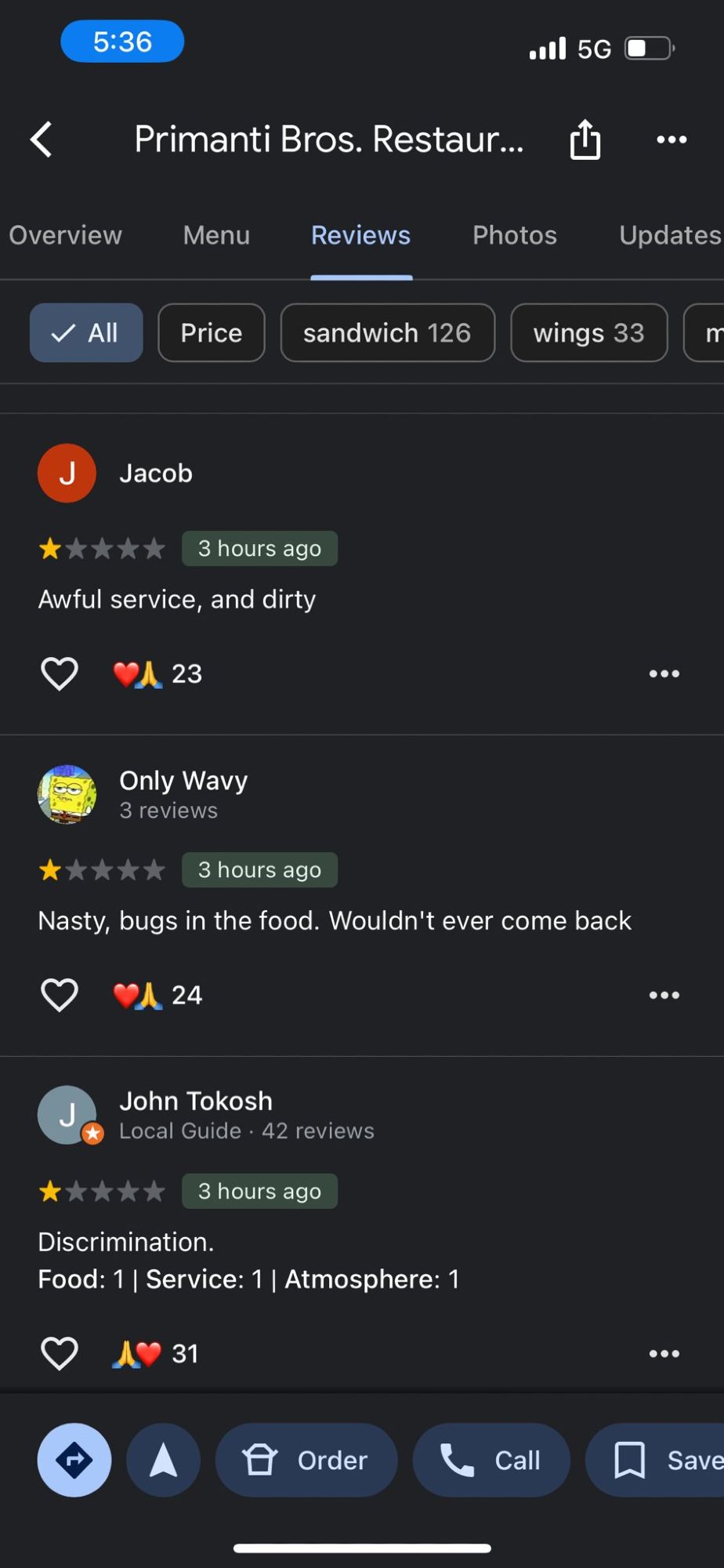 Jacob
3 hours ago
Awful service, and dirty

Only Wavy
3 reviews
3 hours ago
Nasty, bugs in the food. Wouldn't ever come back


John Tokosh
Local Guide • 42 reviews
3 hours ago
Discrimination.
Food: 1 | Service: 1 | Atmosphere: 1