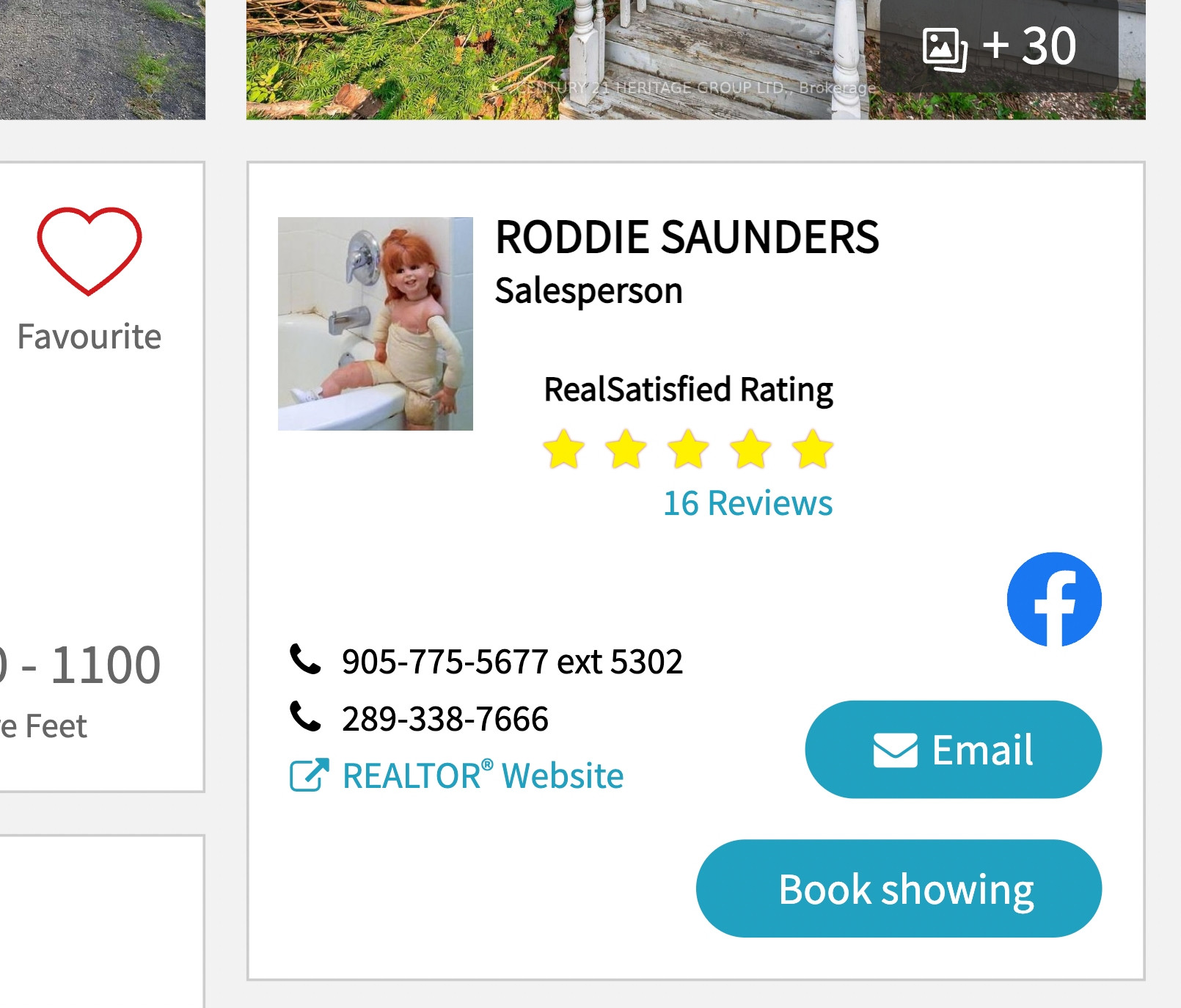 Real-estate agent info box from house listing, except instead of the original photo it's one of the horrifying dolls.