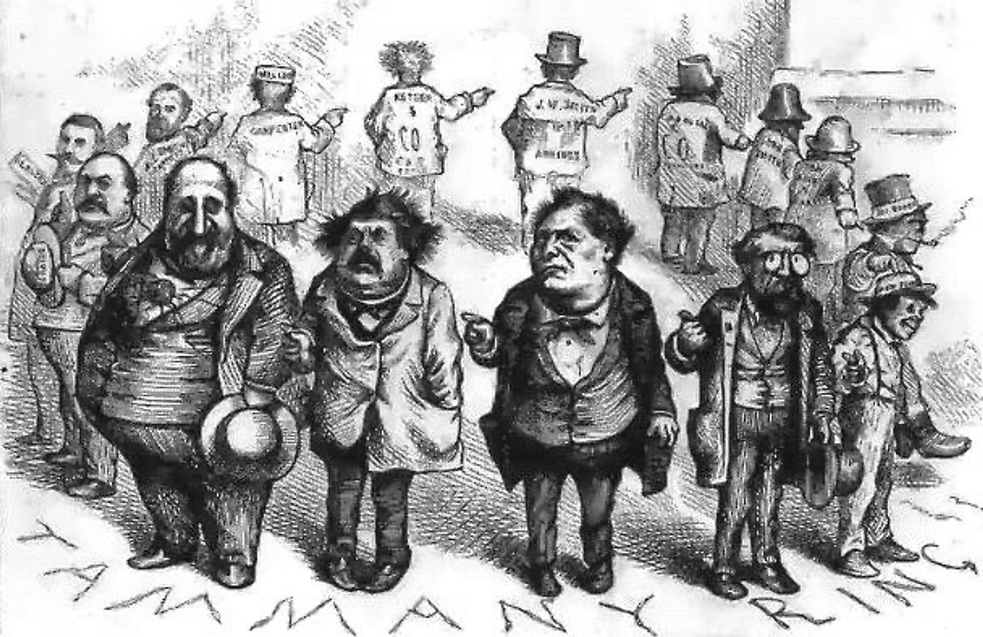 Political cartoon circa late 1800s depicting Tammany Hall, the now defunct Democratic Party’s political machine in NYC: a ring of politicians stand in a circle each pointing to their right.