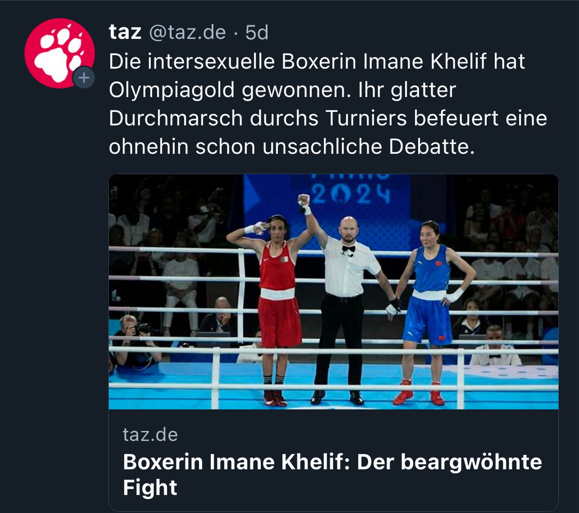 Screenshot vom Skeet der Taz, wo Imane Khelif als intersexuell bezeichnet wird