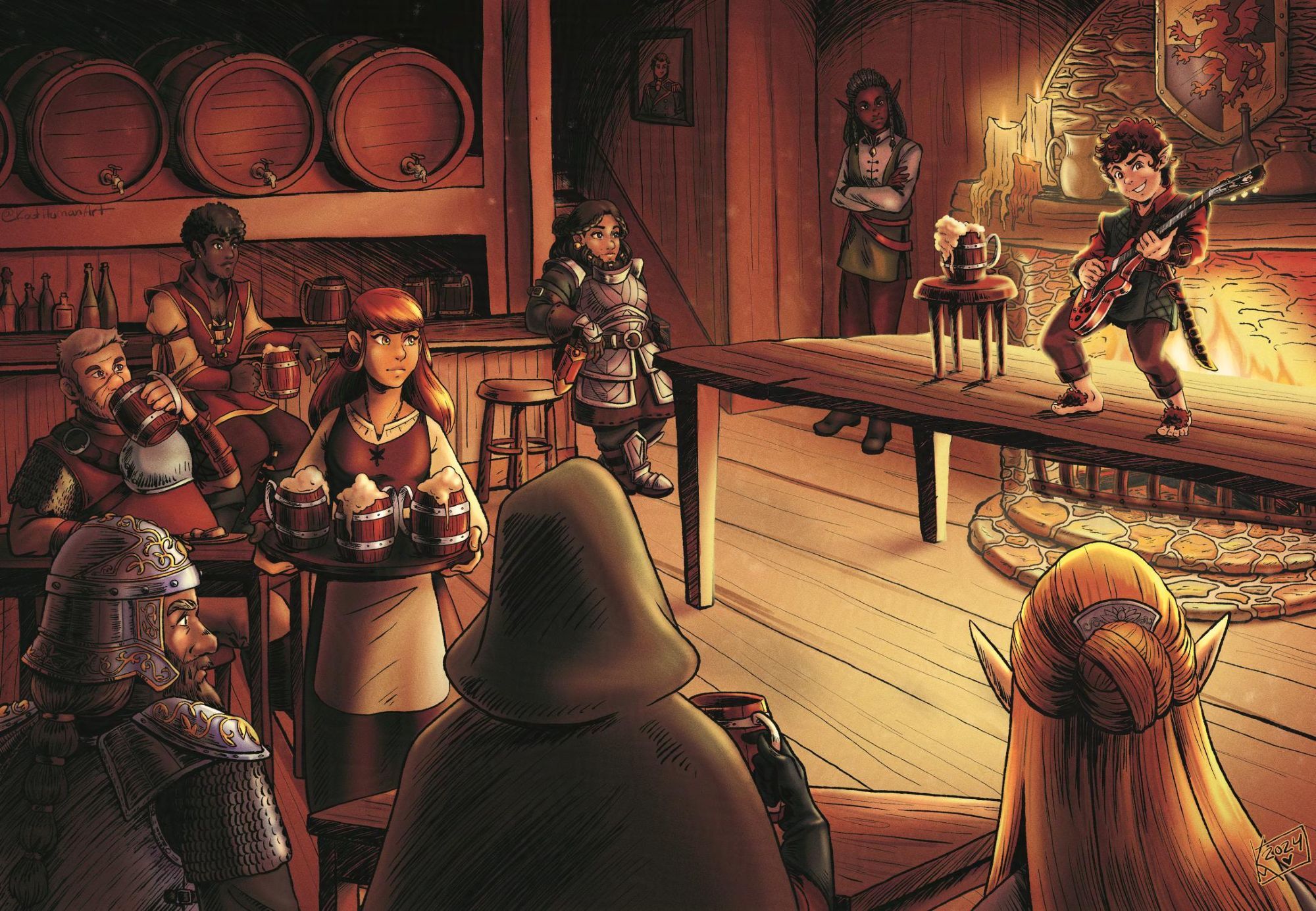 A crowded medieval fantasy tavern scene with people of various fantasy races watching a halfling play guitar on table in front of the fireplace