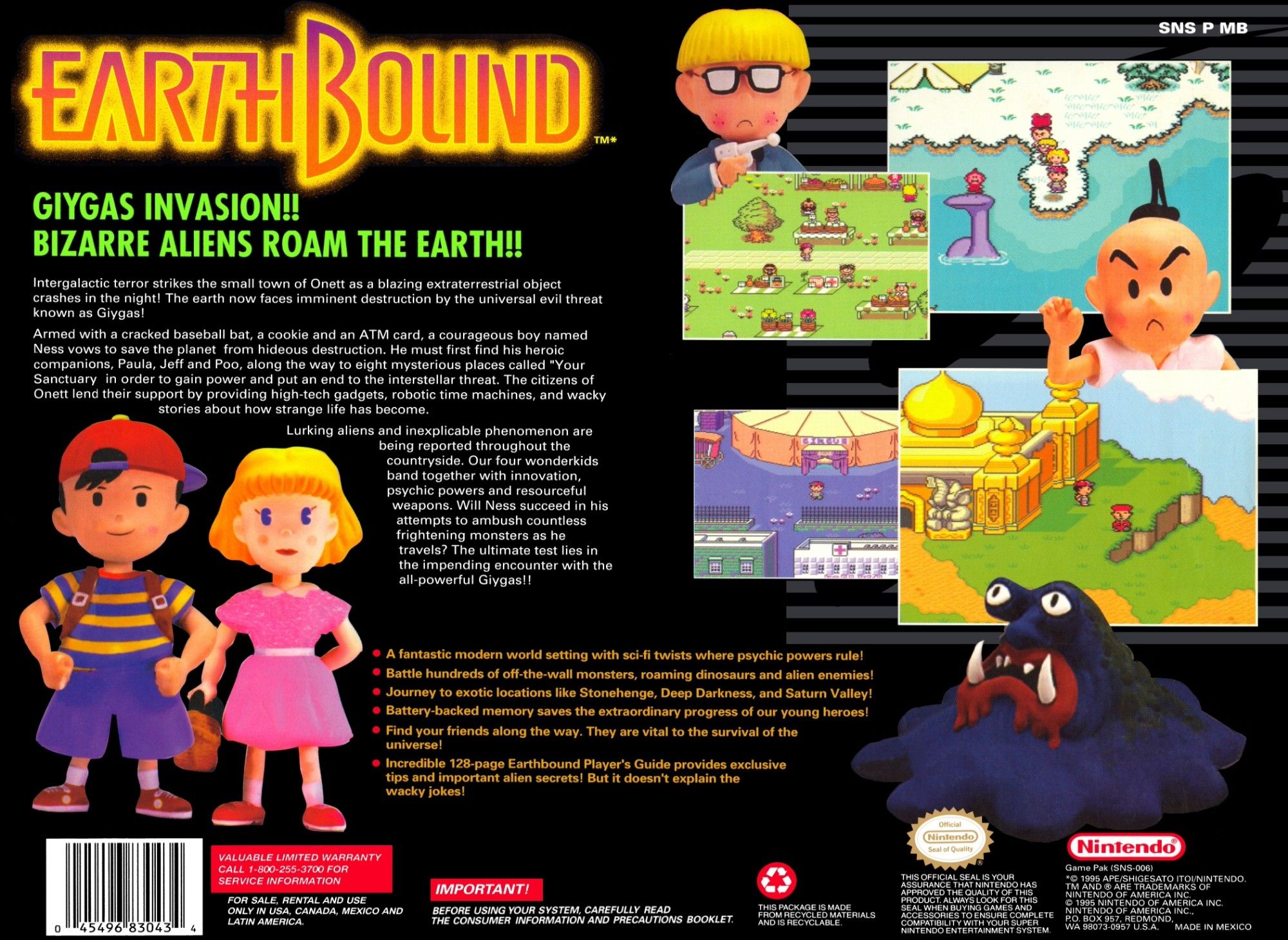 The back of the video game Earthboun's box showing clay figures of the cast, one if the enemies, and game screenshots