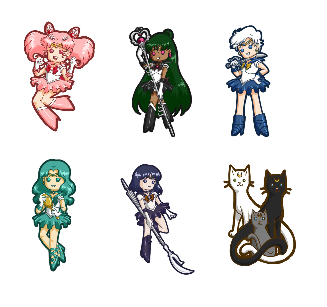 Chibi stickers of Sailor Chibi Moon, Pluto, Uranus, Neptune, and Saturn with a single sticker of Luna, Artemis, and Diana all together