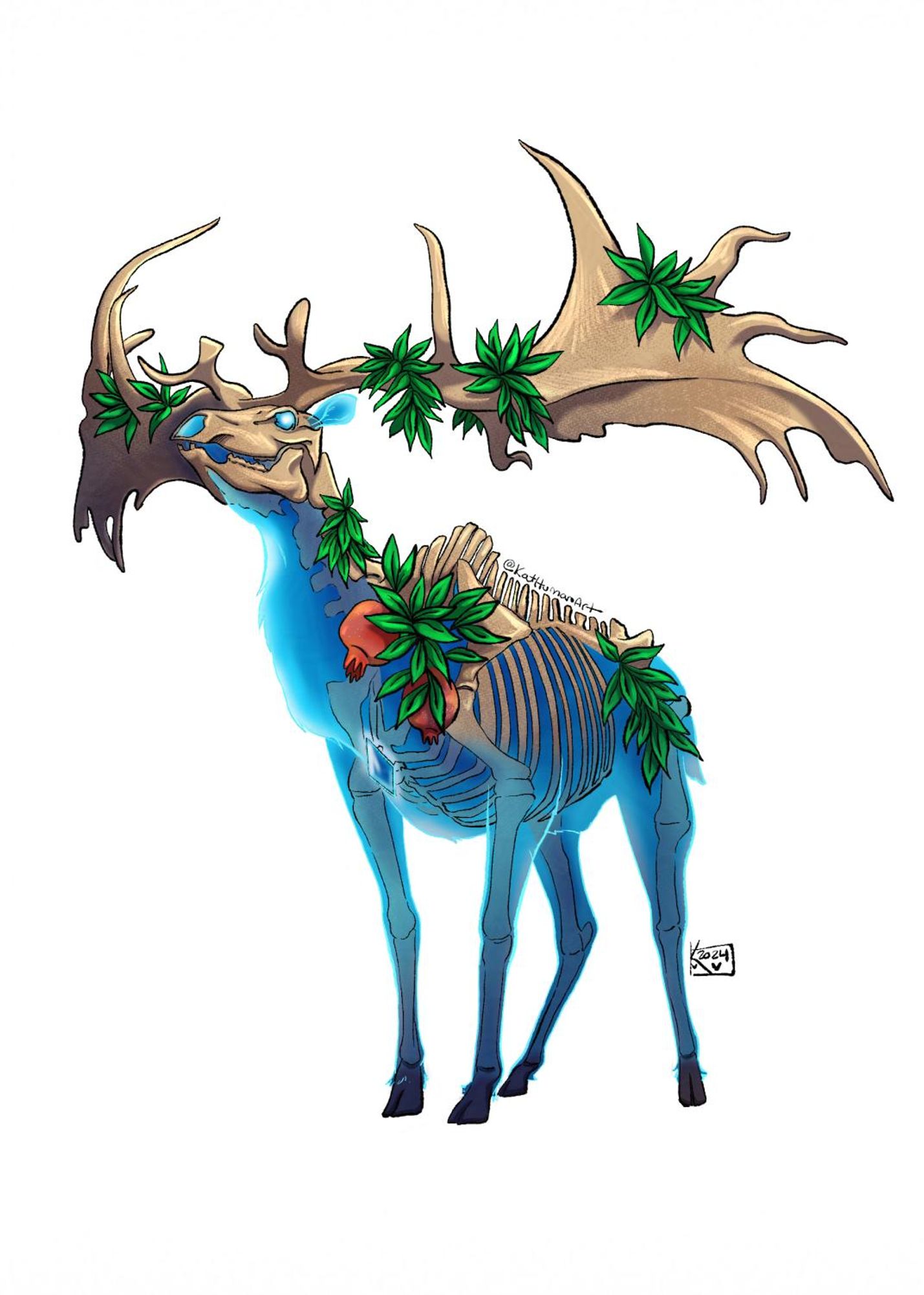 The ghostly and skeletal form of an Irish elk with branches of pomegranate leaves and a few fruits  on the body.