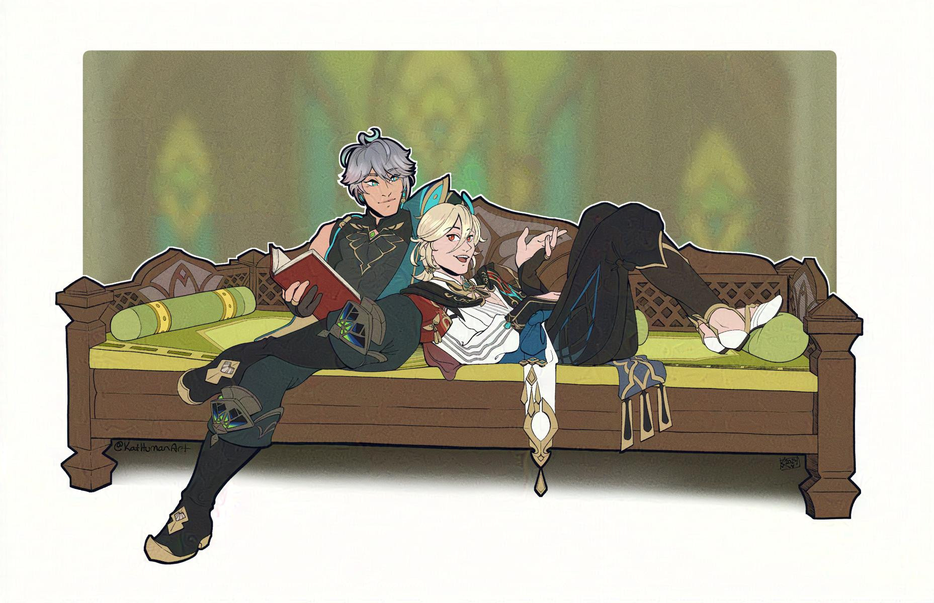 Two men lounging on a couch. The silver haired one holds a book while the blond leans against him and seems to be happily chatting