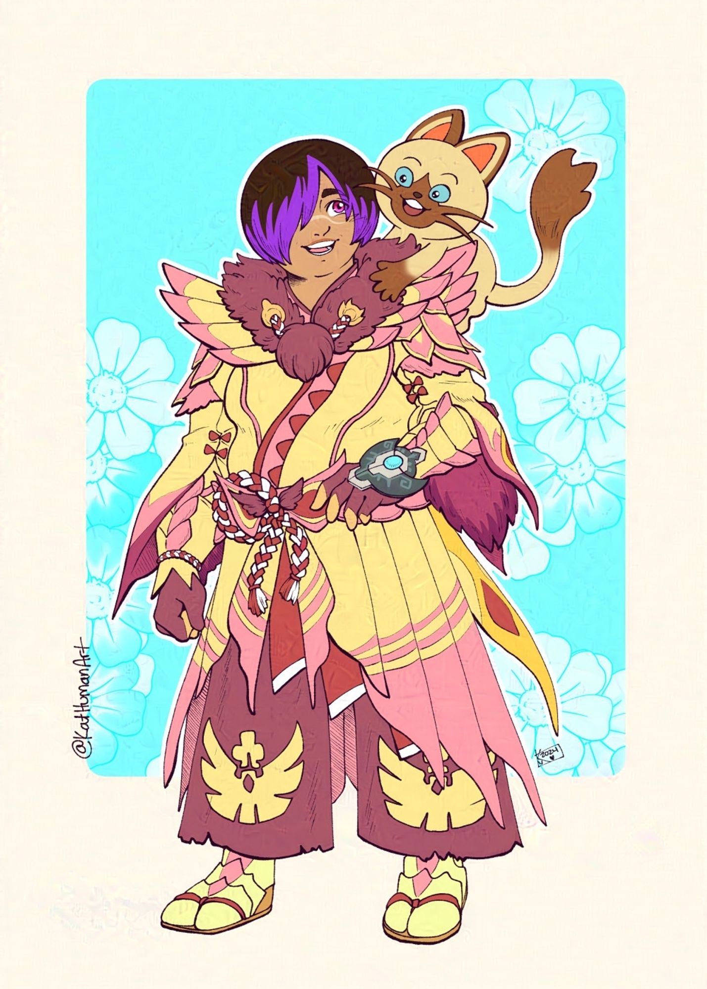 A person in masc style Mizutne armor. His hair is dark with purple highlights and covers their right eye. He's grinning at Navirou, from the Monster Hunter Stories series, who sits on their shoulder

#art #commission #monsterhunter