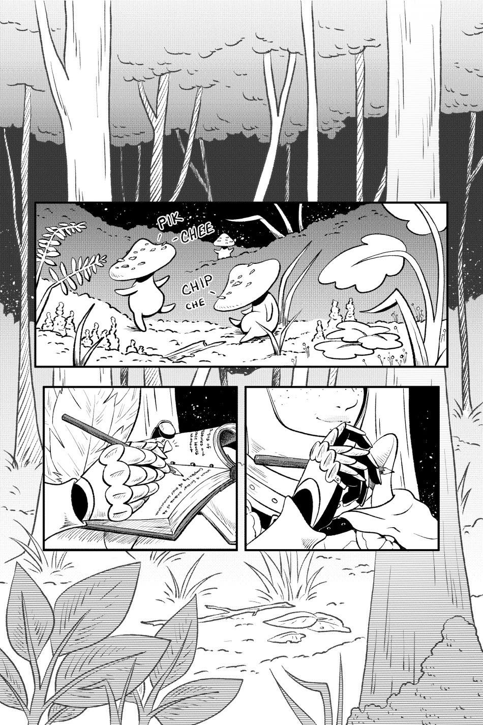 A black and white comic page. It's got full page of a forest with three panels laid on top. The top panel shows two little amanita mushroom people in the moss. The two bottom panels show a knight. The left panel is a close up of her gauntleted hands writing in a notebook with a pencil. The right panel is a close up of the lower half of her face showing a thoughtful smile as she holds her hand to her chin.